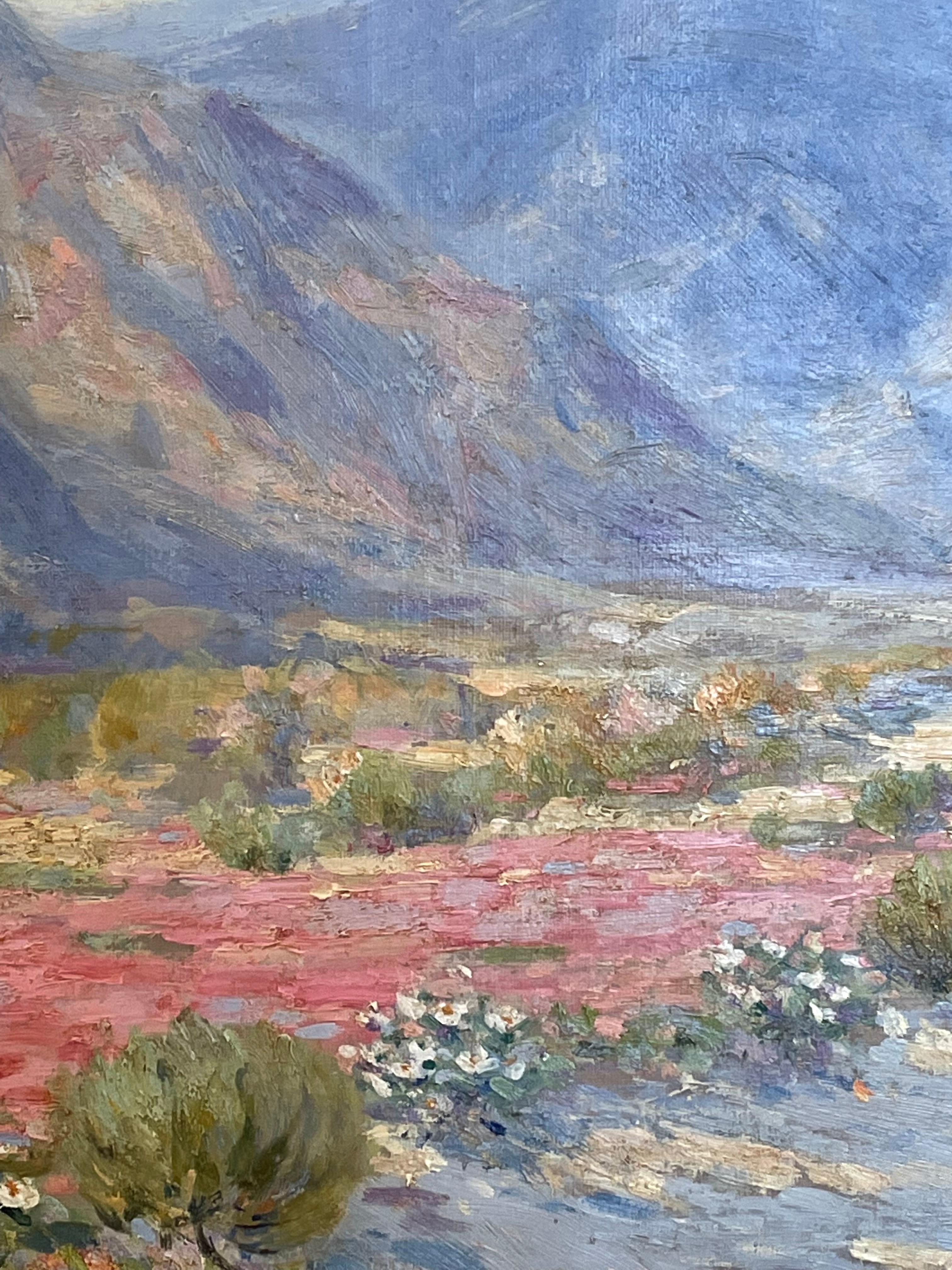 Wild Flowers Verbena in High Desert Palm Springs CA Pink & White Snowy Mountains - American Impressionist Painting by Frederick Carl Smith