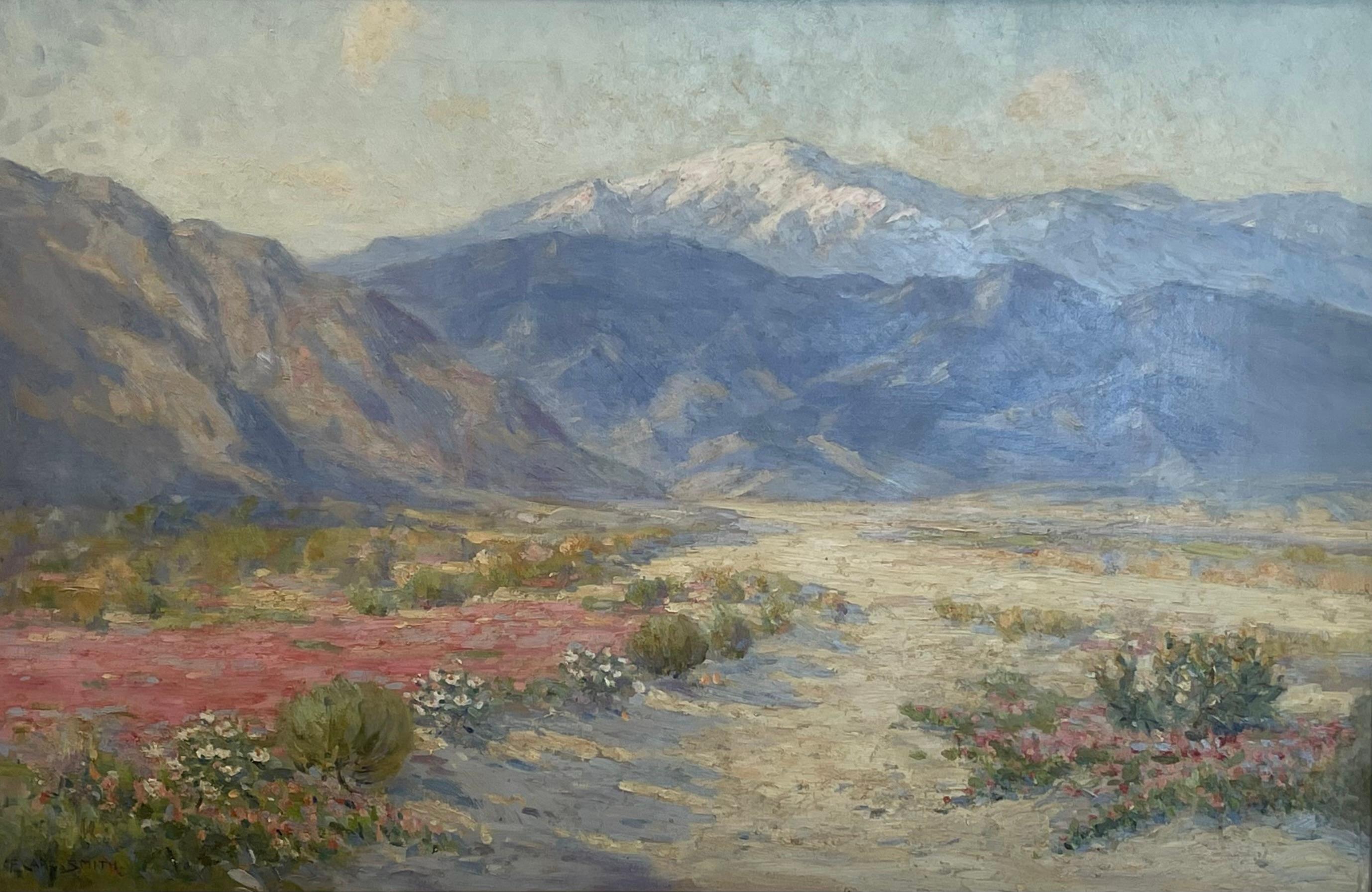 Wildblumen Verbena in Hochwüste Palm Springs CA Rosa & Weiß Snowy Mountains (Amerikanischer Impressionismus), Painting, von Frederick Carl Smith