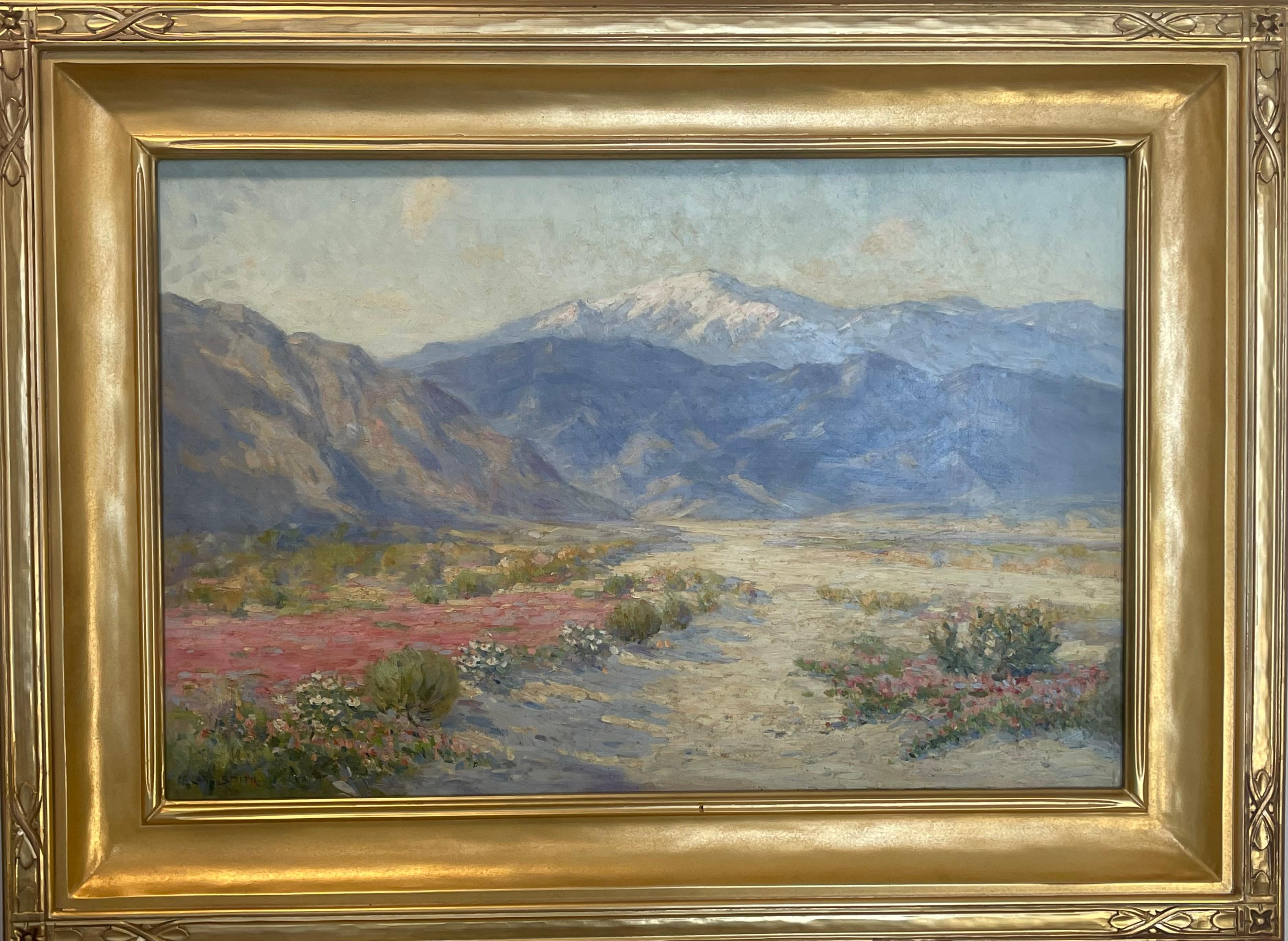 Wildblumen Verbena in Hochwüste Palm Springs CA Rosa & Weiß Snowy Mountains – Painting von Frederick Carl Smith