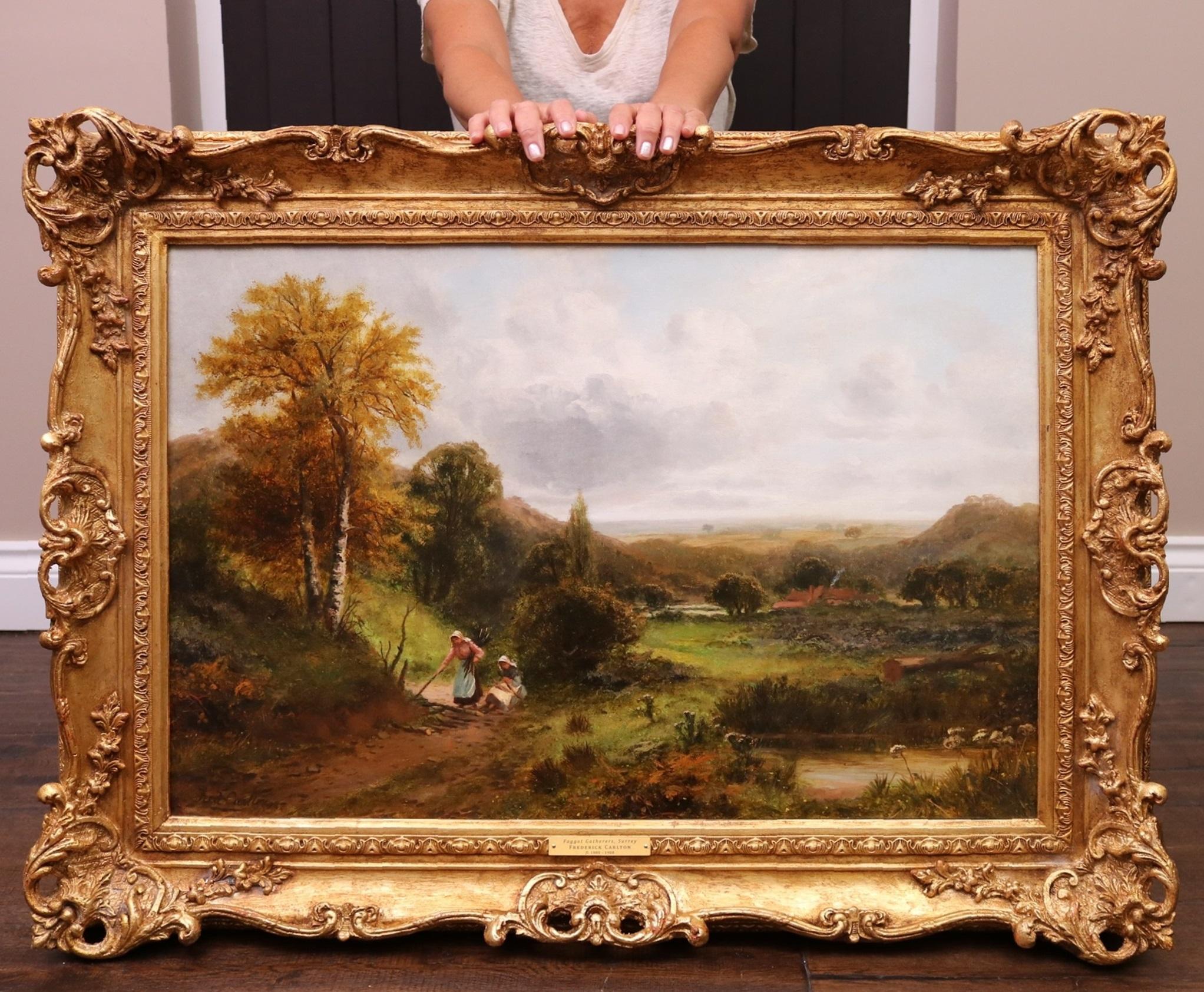 Frederick Carlton Landscape Painting - Faggot Gatherers, Surrey - 19th Century English Landscape Oil Painting