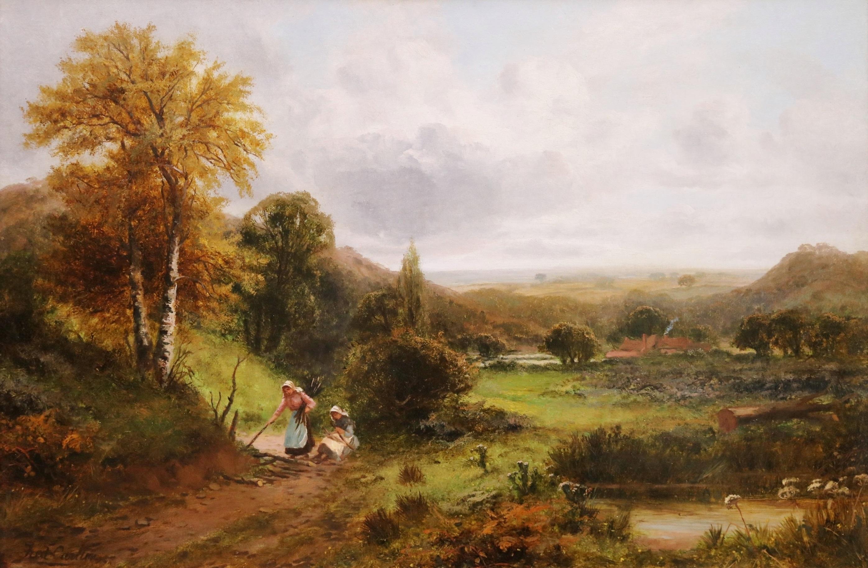 ‘Faggot Gatherers, Surrey’ by Frederick Carlton (fl. 1880-1900). The painting - which depicts two girls collecting firewood before a cottage in an extensive Autumn landscape - is signed by the artist and is presented in a fine quality bespoke gold