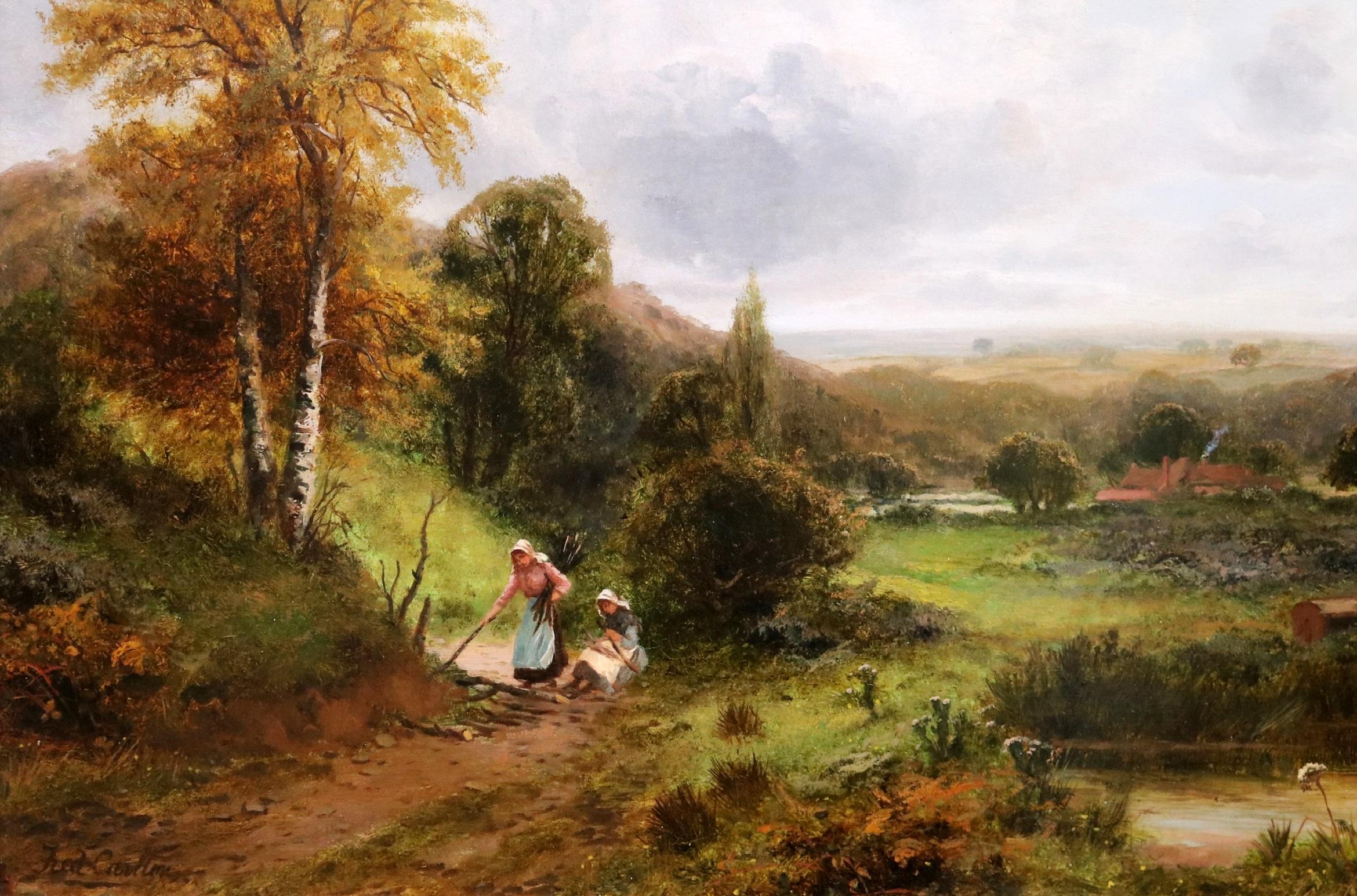 Faggot Gatherers, Surrey - 19th Century English Landscape Oil Painting - Brown Landscape Painting by Frederick Carlton