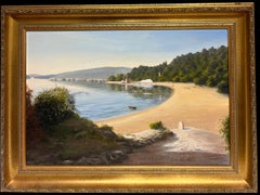 Gran playa costera británica de arena Pintura al óleo firmada Artista listado