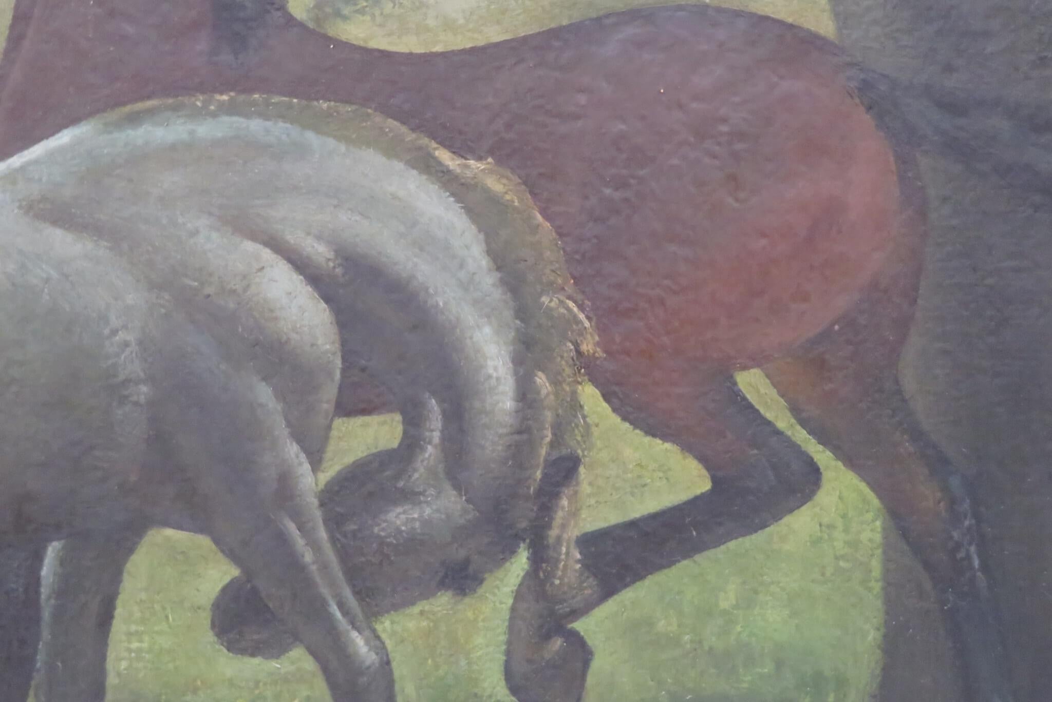 (1887-1970) Pittura ad olio stilizzata originale della metà del secolo scorso Cavalli in un campo - Painting di Frederick Charles Herrick