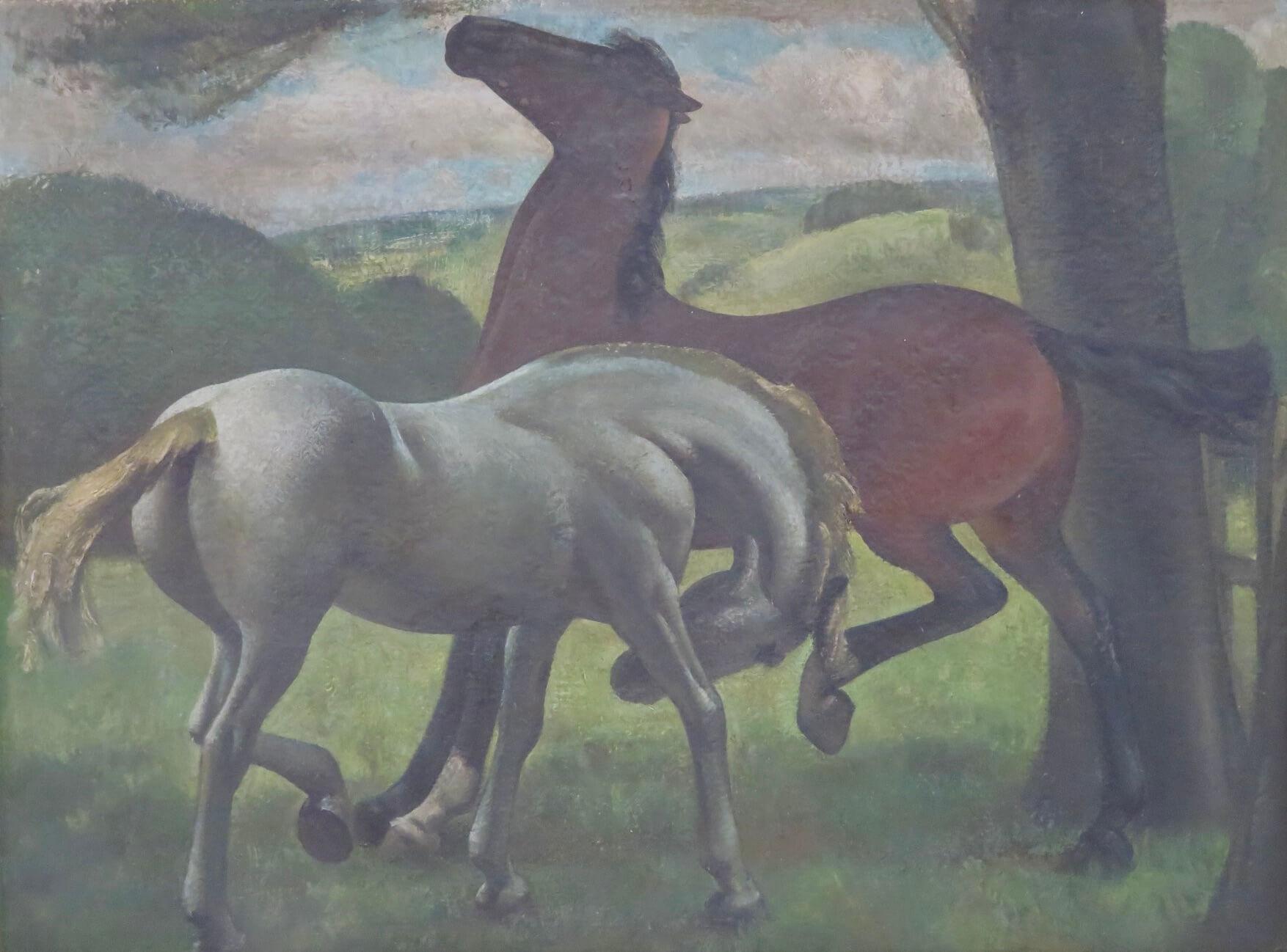 Stilisierte Mid-Century- Original-OIL PAINTING Horses In A Field (1887-1970)  im Angebot 1
