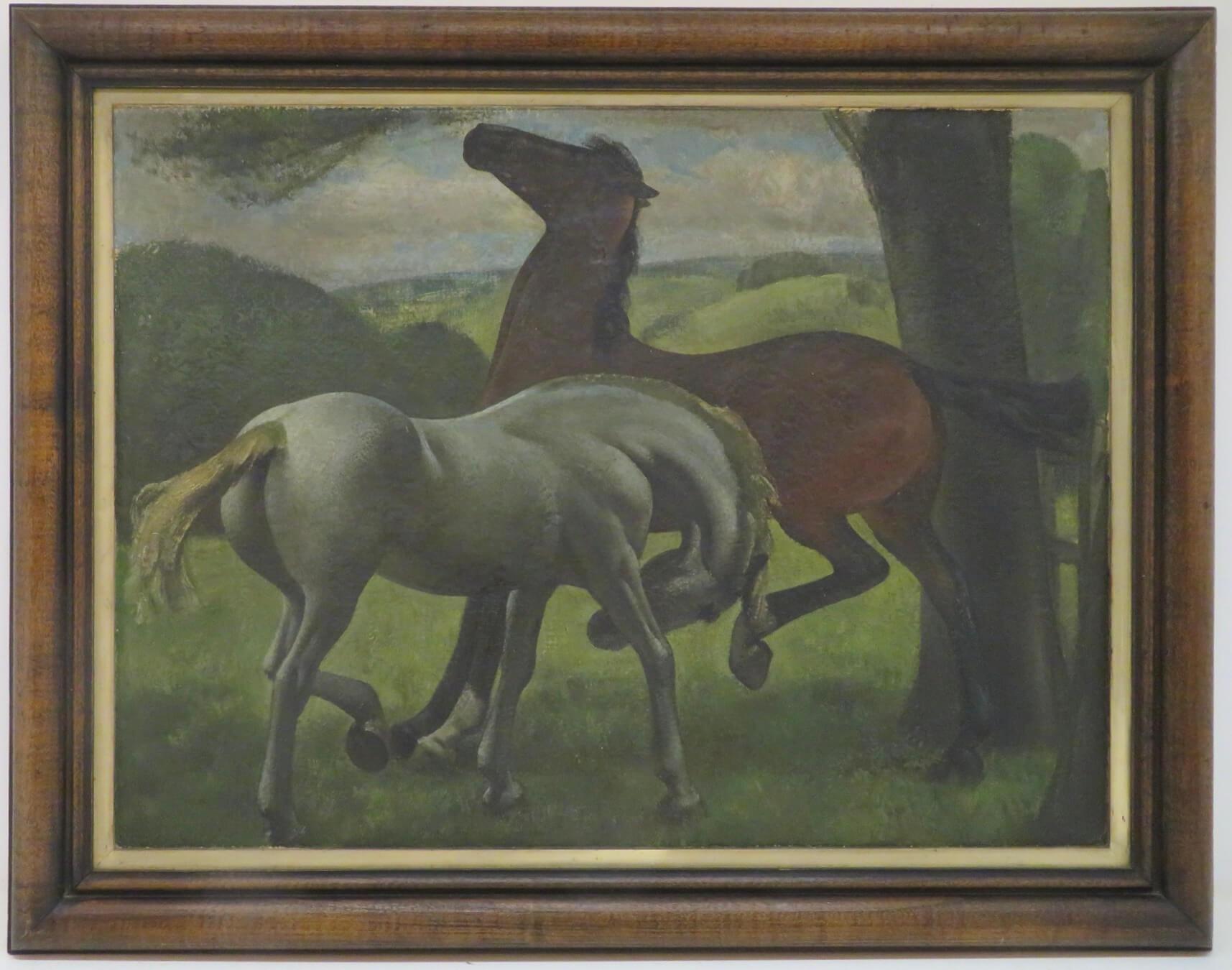 Frederick Charles Herrick Animal Painting - (1887-1970) Stylised Mid Century original OIL PAINTING Horses In A Field 