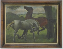 Vintage (1887-1970) Stylised Mid Century original OIL PAINTING Horses In A Field 