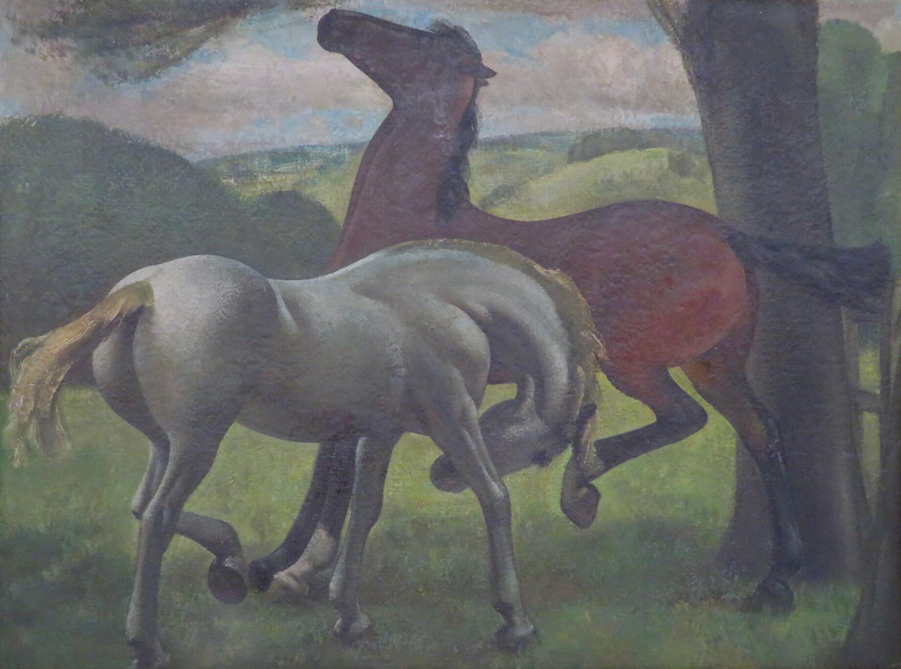 Original MID CENTURY Horses stylised oil painting listed English Painter 1940's  - École anglaise Painting par Frederick Charles Herrick