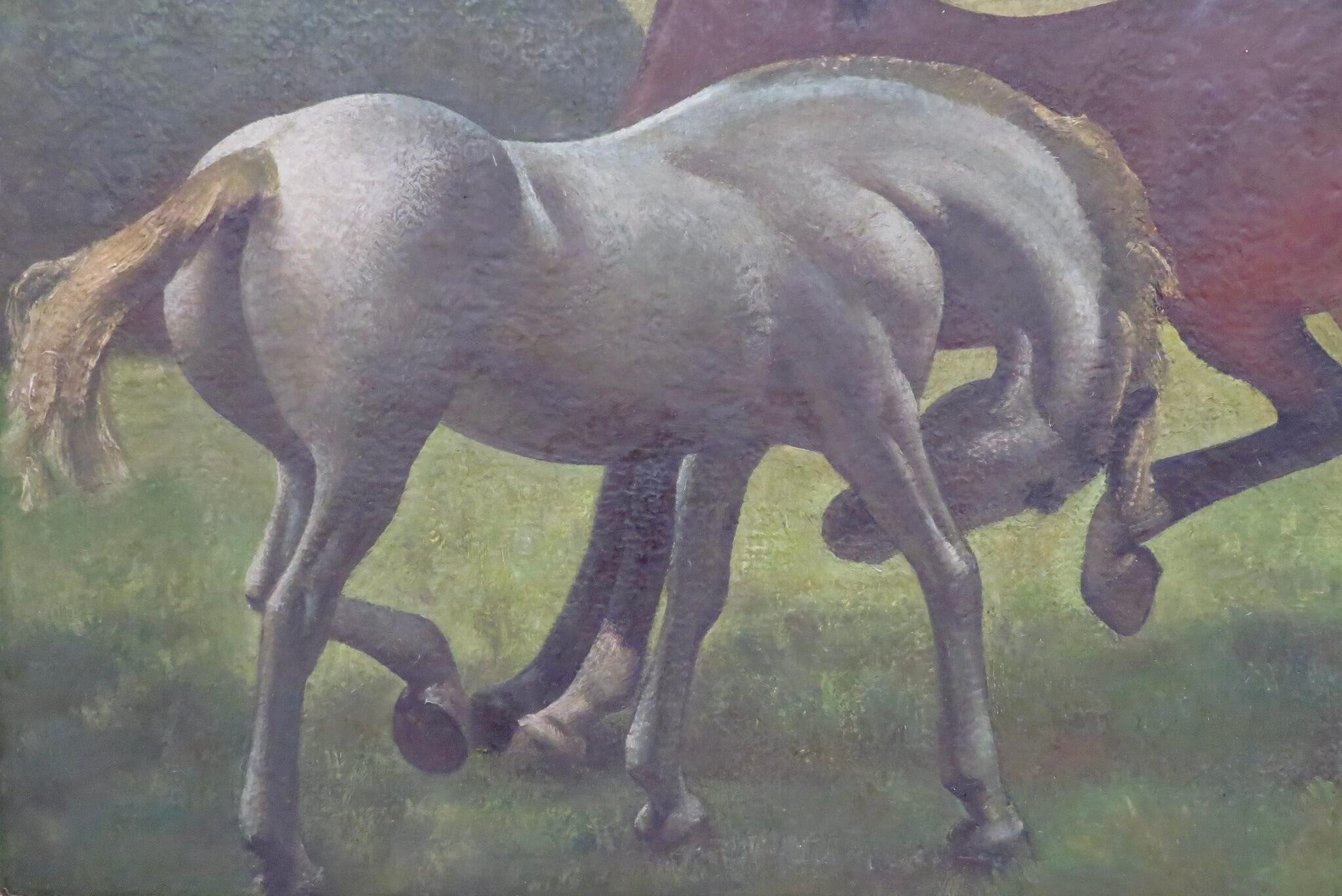 Original MID CENTURY Horses stylised oil painting listed English Painter 1940's  en vente 1