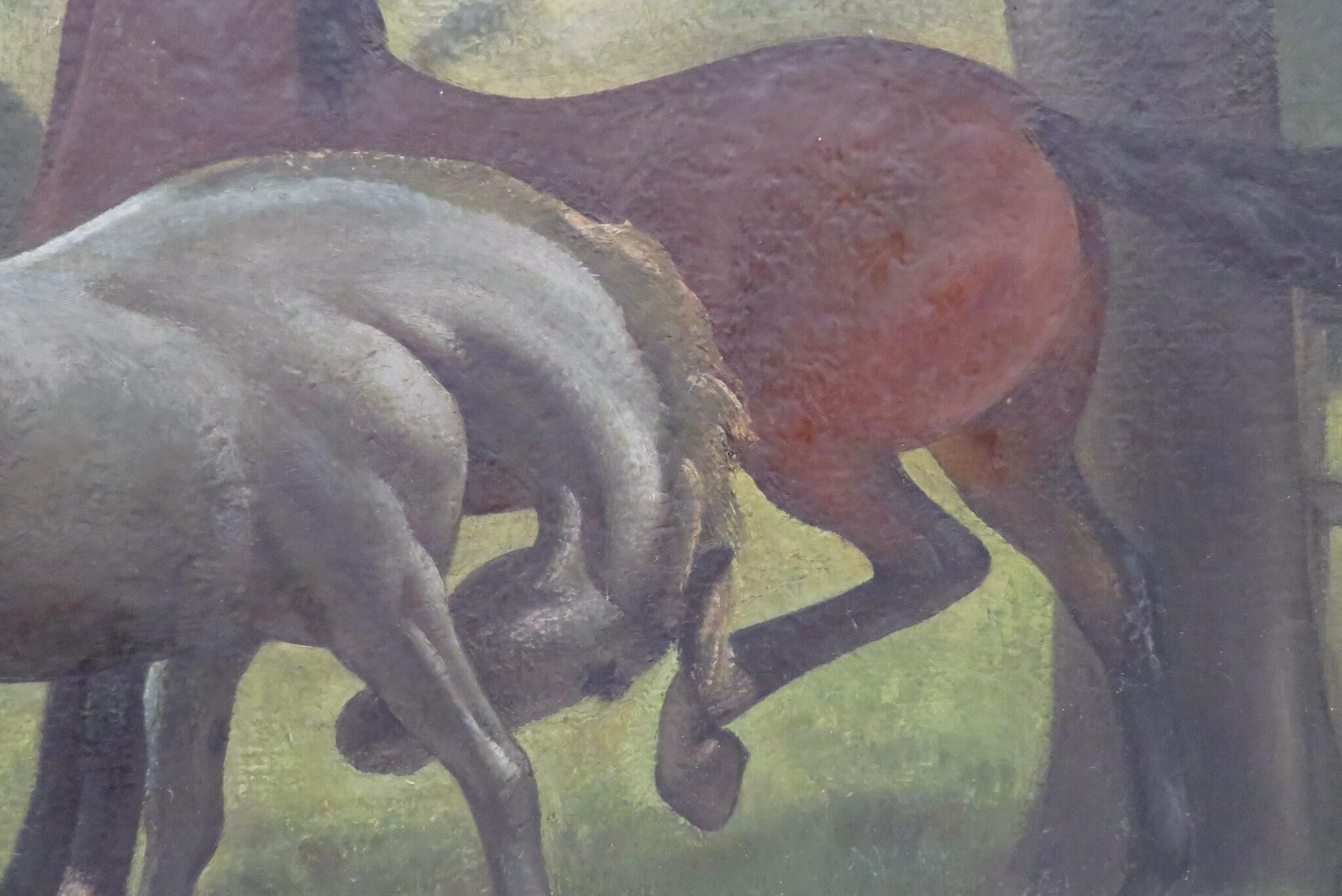 Original MID CENTURY Horses stylised oil painting listed English Painter 1940's  en vente 2