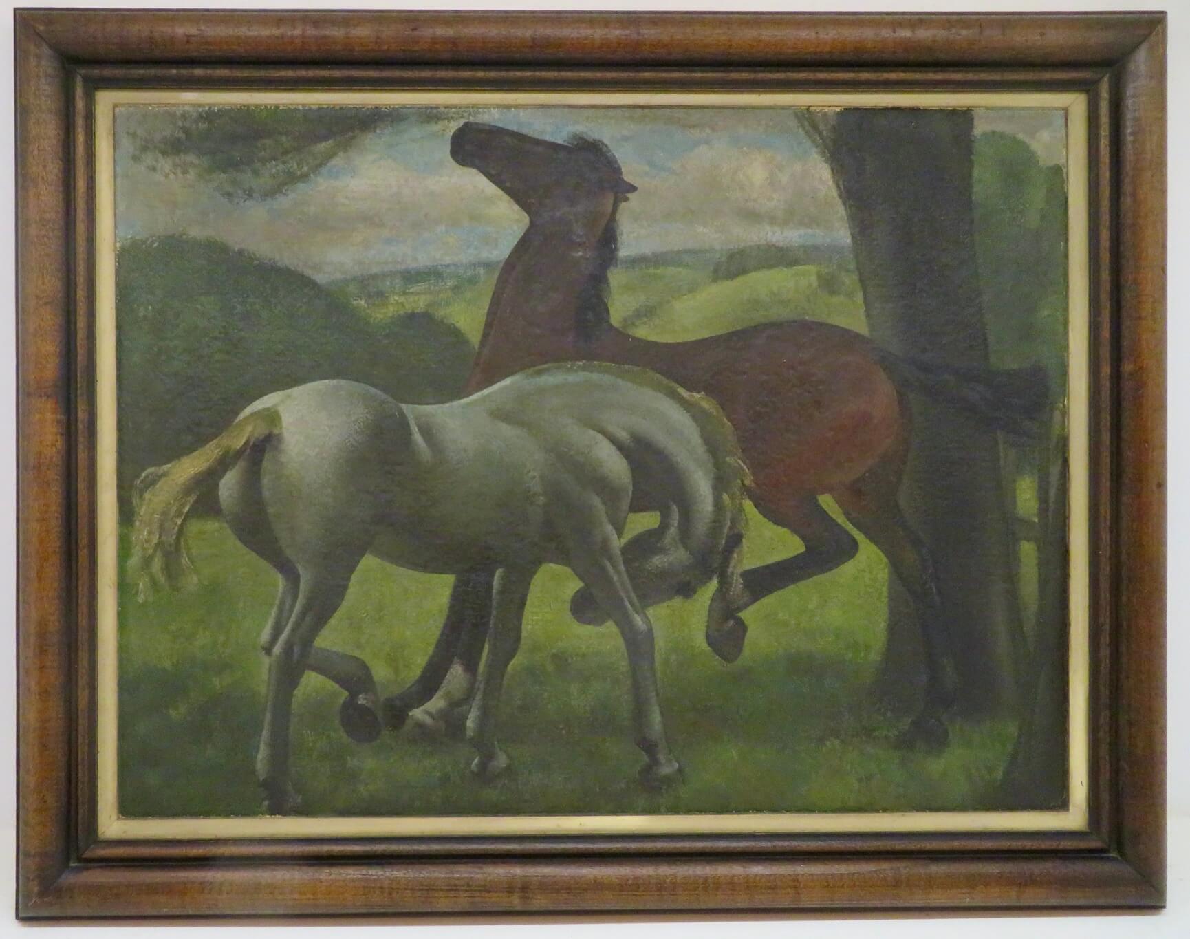 Landscape Painting Frederick Charles Herrick - Original MID CENTURY Horses stylised oil painting listed English Painter 1940's 