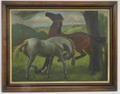 Antique Original 1940's MID CENTURY Horses stylised oil painting listed English Painter 