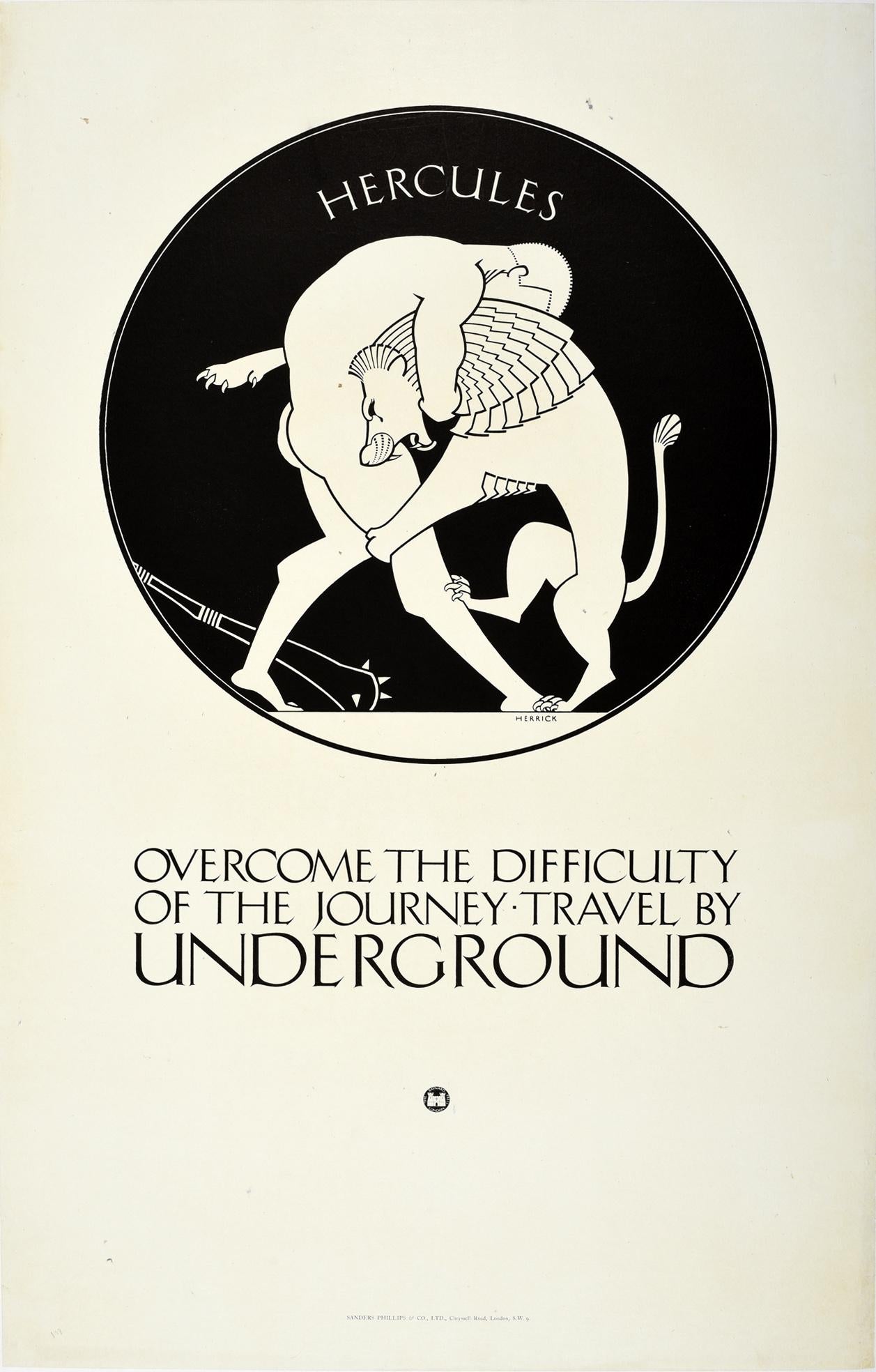 Original Vintage Londoner U-Bahn-Poster Herkules Nemean Löwe griechische Mythologie
