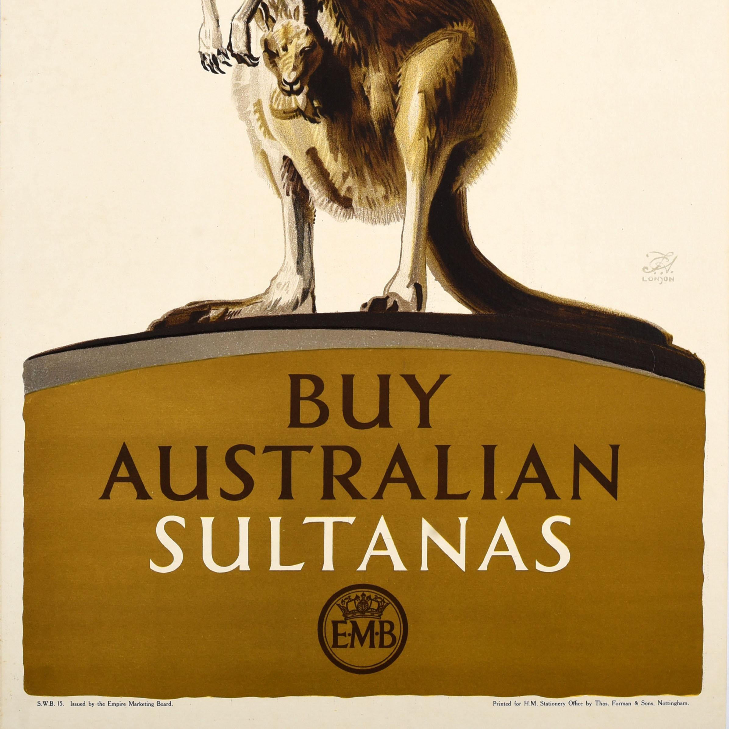 Poster pubblicitario originale d'epoca emesso dall'Empire Marketing Board EMB - Buy Australian Sultanas - con un grande disegno di Frederick Charles Herrick (1887-1970) che raffigura un canguro che guarda l'osservatore e porta un cucciolo nel suo