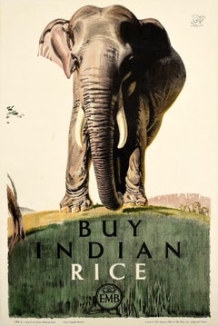 Original Vintage Poster EMB Indian Rice Empire Marketing Board Elephant Herrick