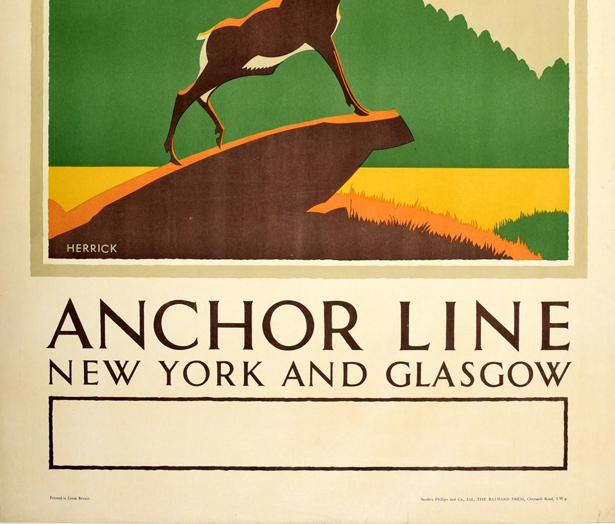 Original Vintage-Reiseplakat Schottland Anchor Line New York Glasgow Hirsch Design (Orange), Print, von Frederick Charles Herrick