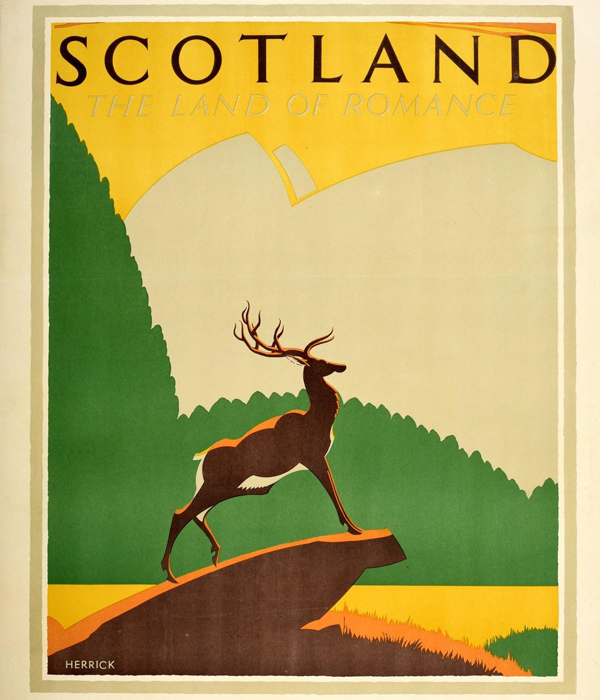 Original-Reiseplakat für Schottland - The Land of Romance, herausgegeben von der Anchor Line New York und Glasgow, mit einem atemberaubenden Kunstwerk von Frederick Charles Herrick (1887-1970), das einen Hirsch zeigt, der stolz auf einem Felsen