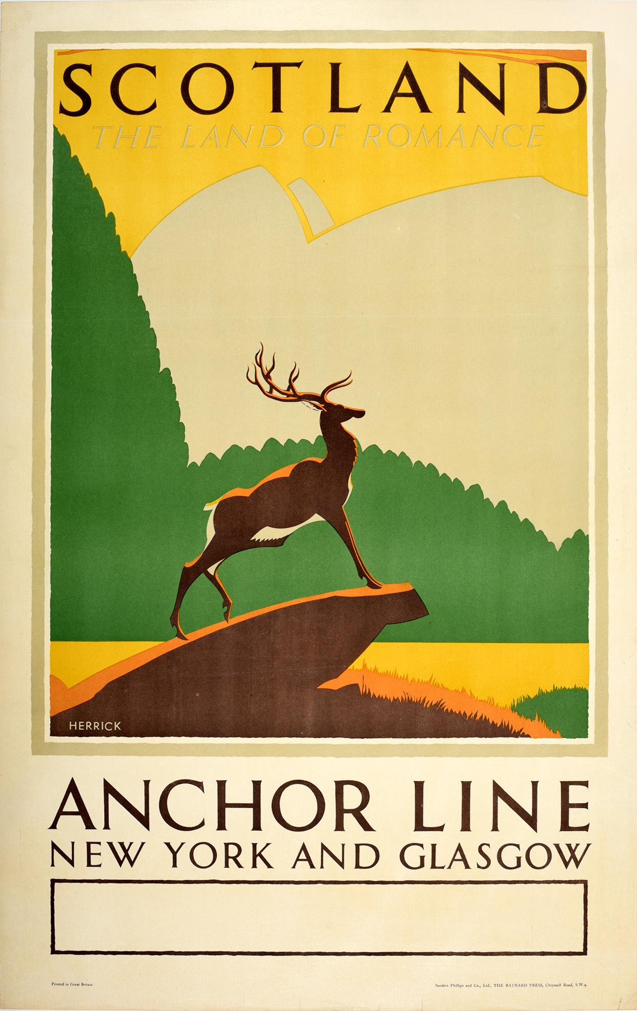 Frederick Charles Herrick Print – Original Vintage-Reiseplakat Schottland Anchor Line New York Glasgow Hirsch Design