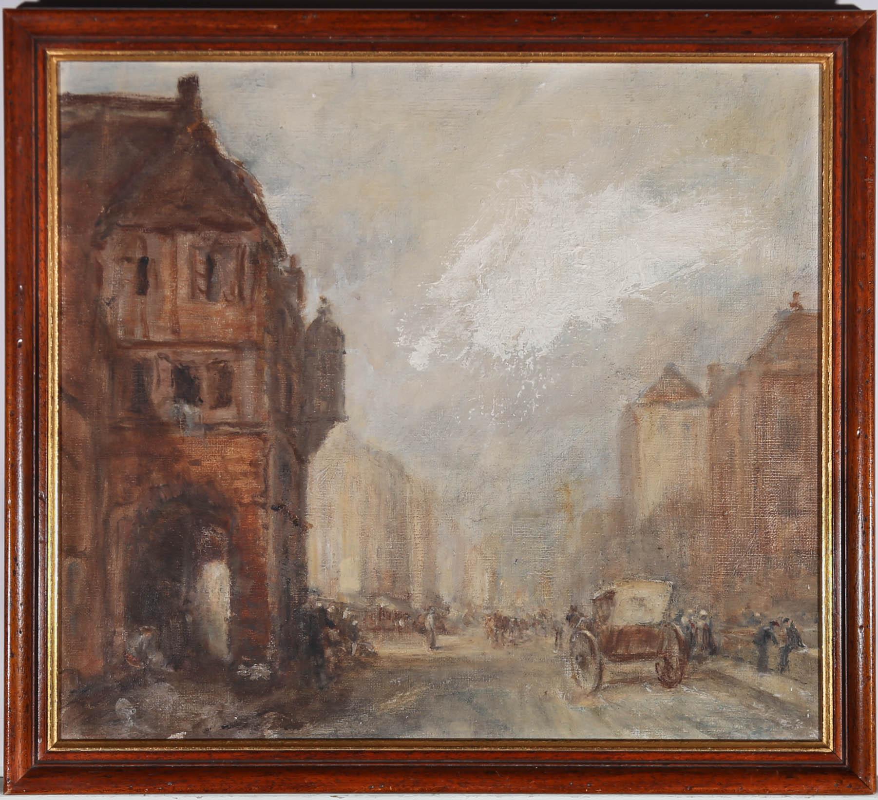 An atmospheric study of a bustling city street in the early 20th century. The road is filled with horse carts and figures walking to market. Unsigned. Presented in a wooden frame with a gilt slip. On canvas.
