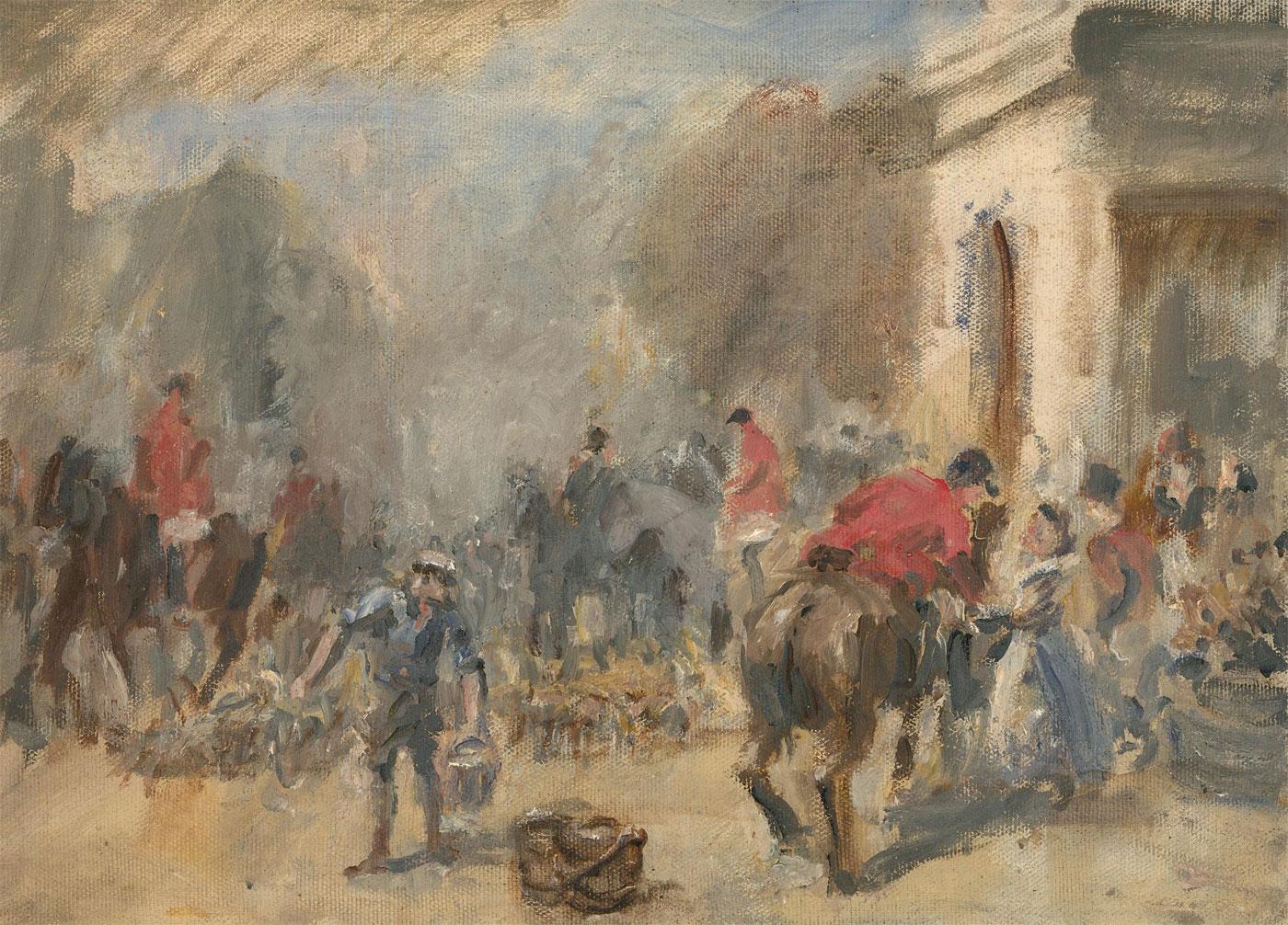 A charismatic scene depicting riders gathering before the start of a hunt. Unsigned. On canvas board.
