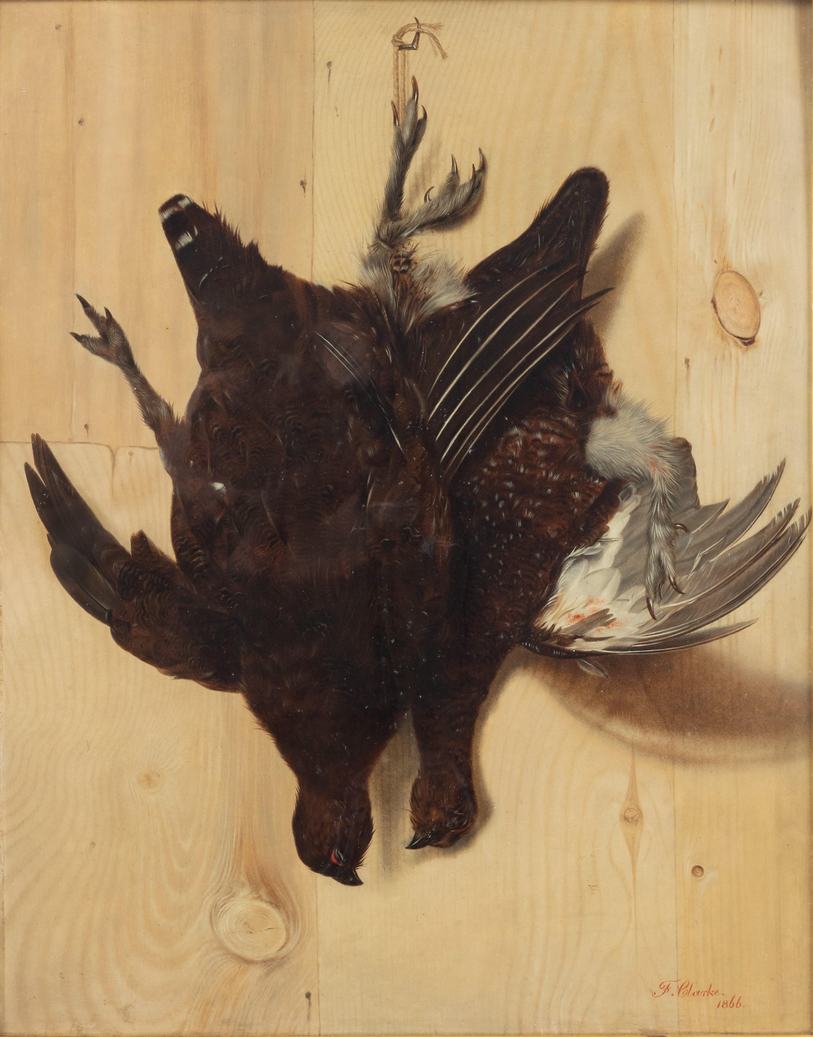 A hunting trompe l'oeil still life of a brace of grouse - Painting by Frederick Clarke