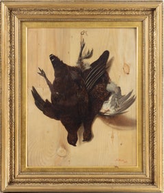 A hunting trompe l'oeil still life of a brace of grouse