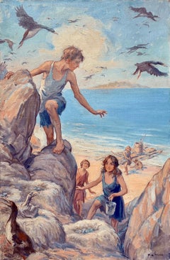 Antique Children finding birds eggs on a tropical island