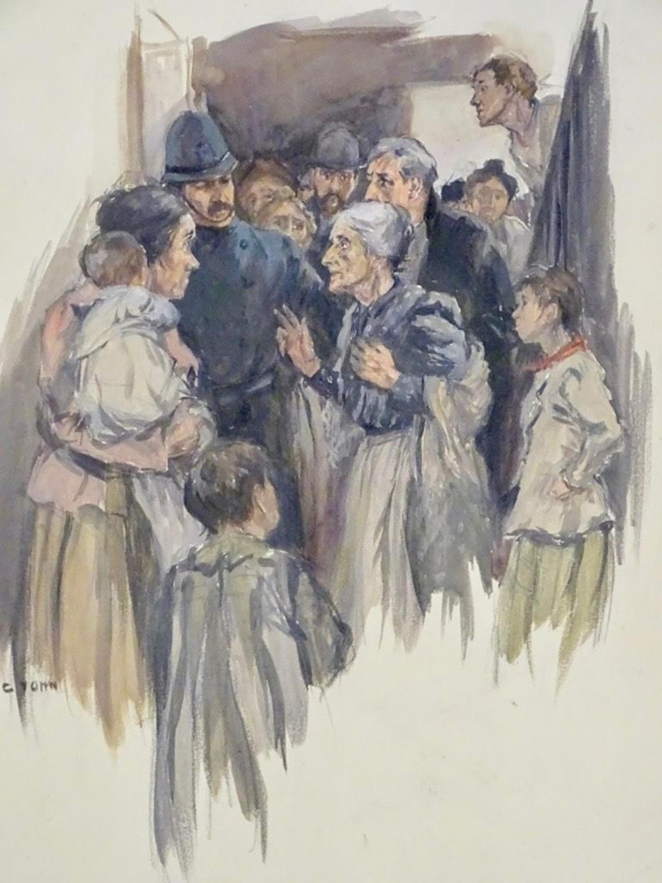 Figurative Painting di Frederick Coffay Yohn - "L'alba di domani", Folla che denuncia un crimine a un poliziotto