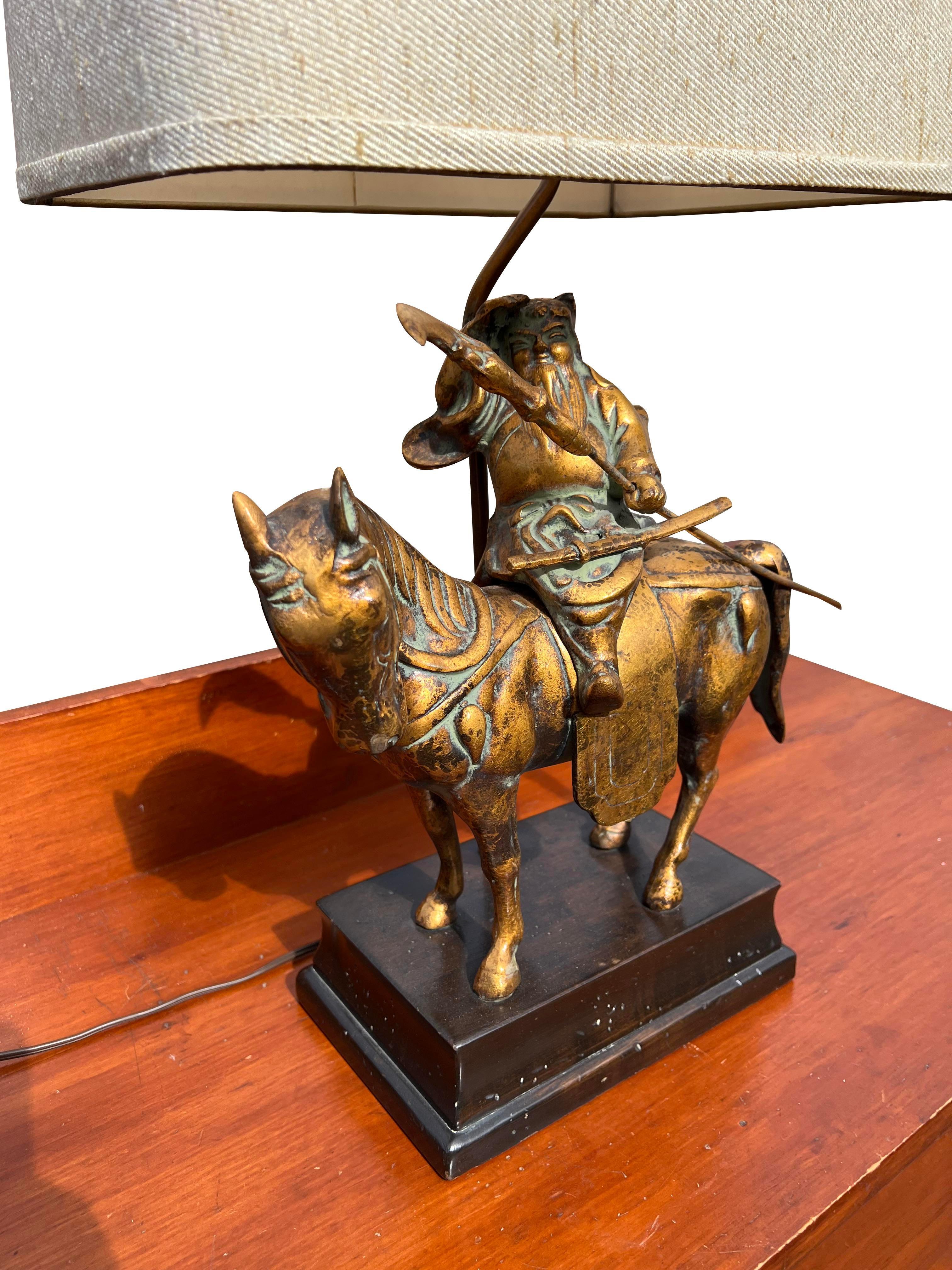 American Frederick Cooper Asian Brass Table Lamp Samurai With Sword on Horse With Shade