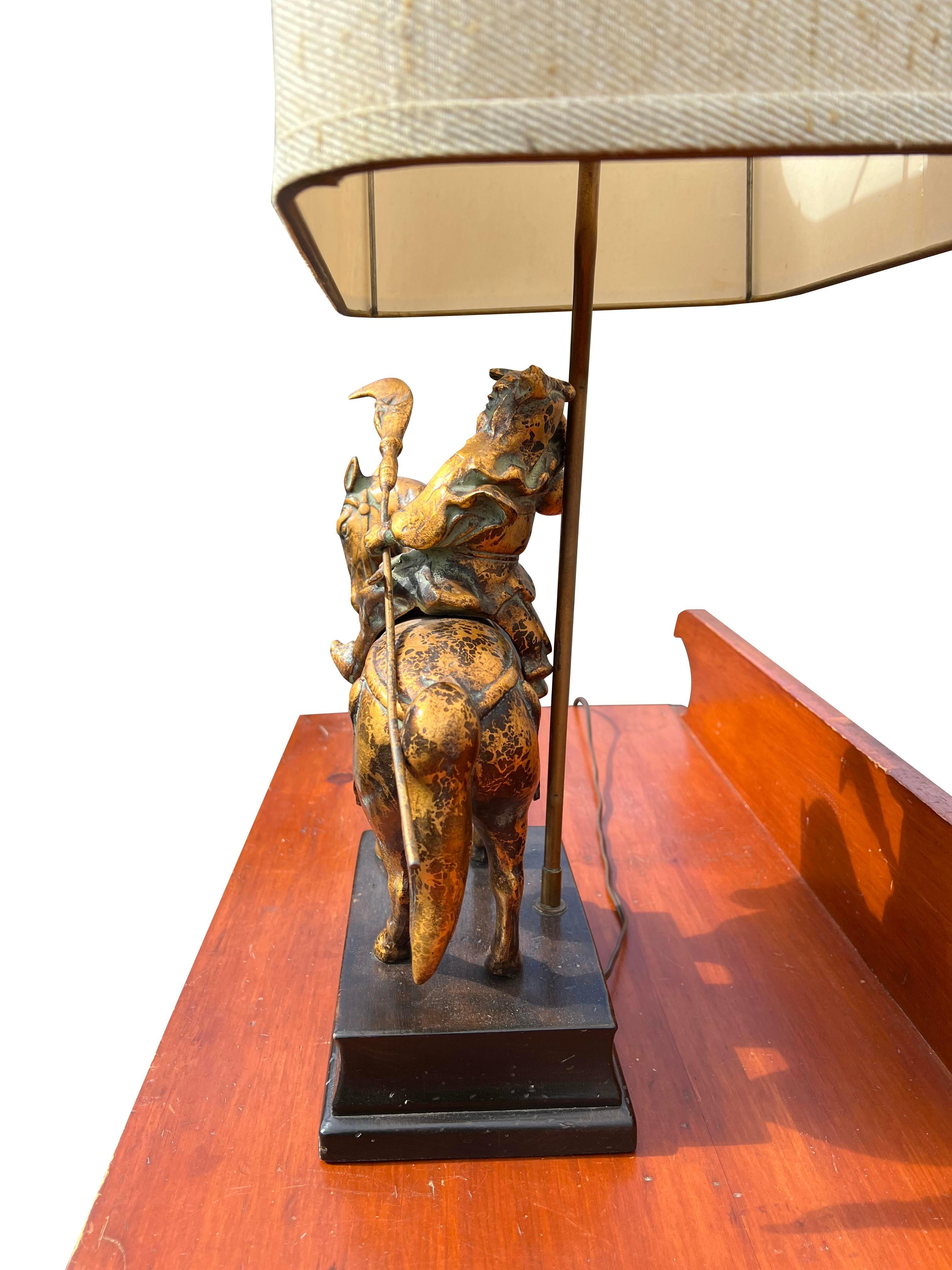 Frederick Cooper Asian Brass Table Lamp Samurai With Sword on Horse With Shade In Good Condition In Saddle River, NJ