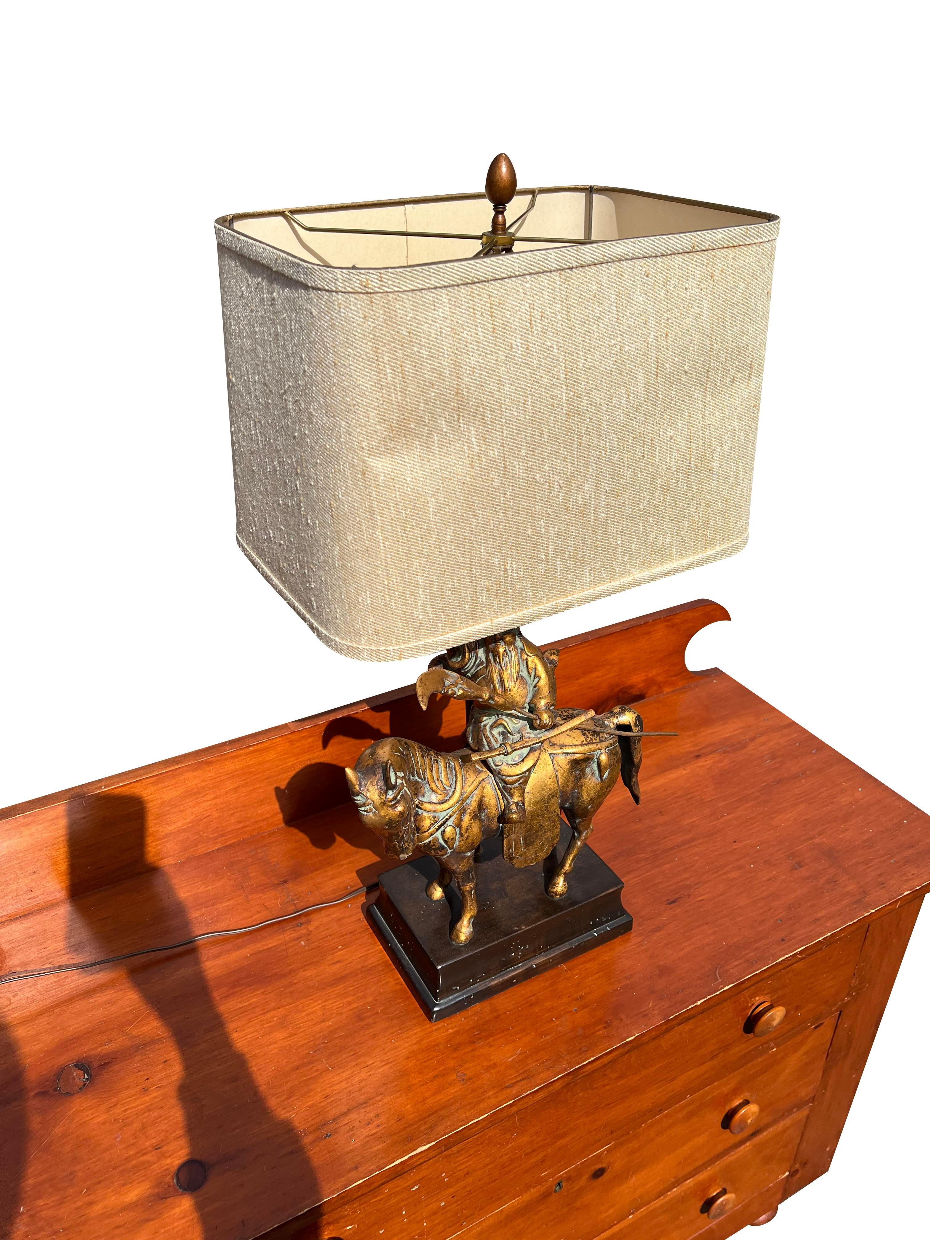 Late 20th Century Frederick Cooper Asian Brass Table Lamp Samurai With Sword on Horse With Shade