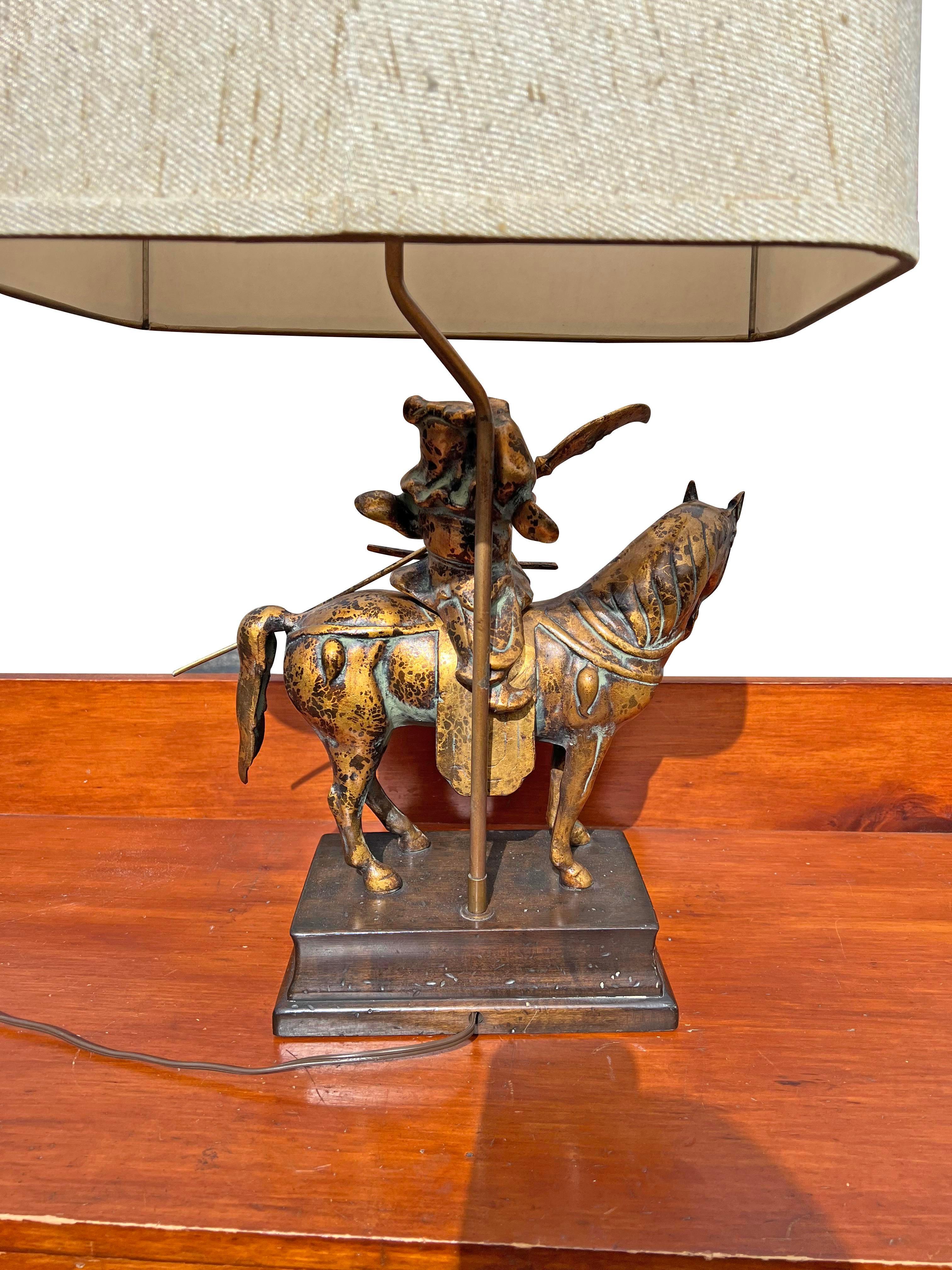 Frederick Cooper Asian Brass Table Lamp Samurai With Sword on Horse With Shade 2