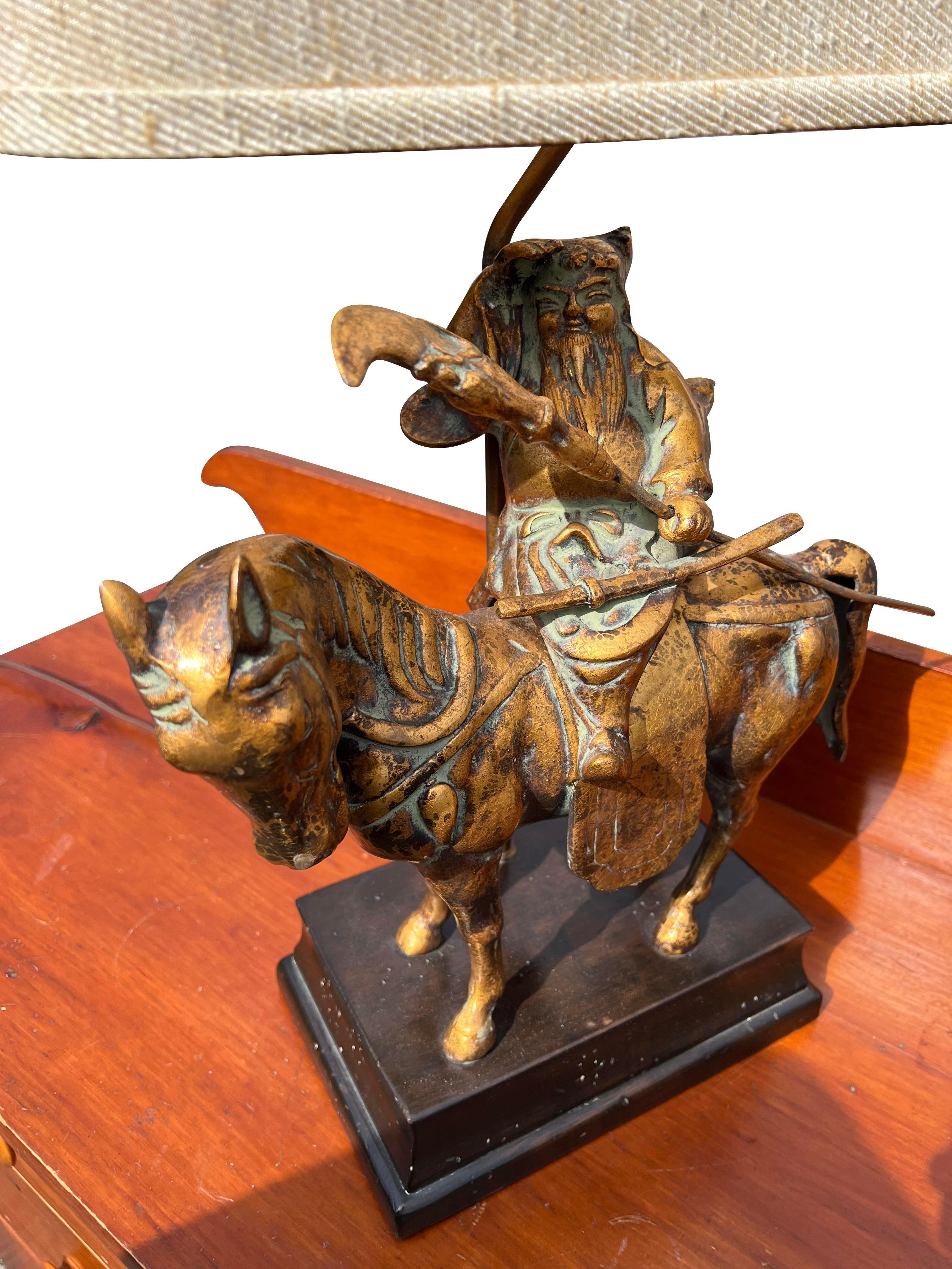 Frederick Cooper Asian Brass Table Lamp Samurai With Sword on Horse With Shade 3