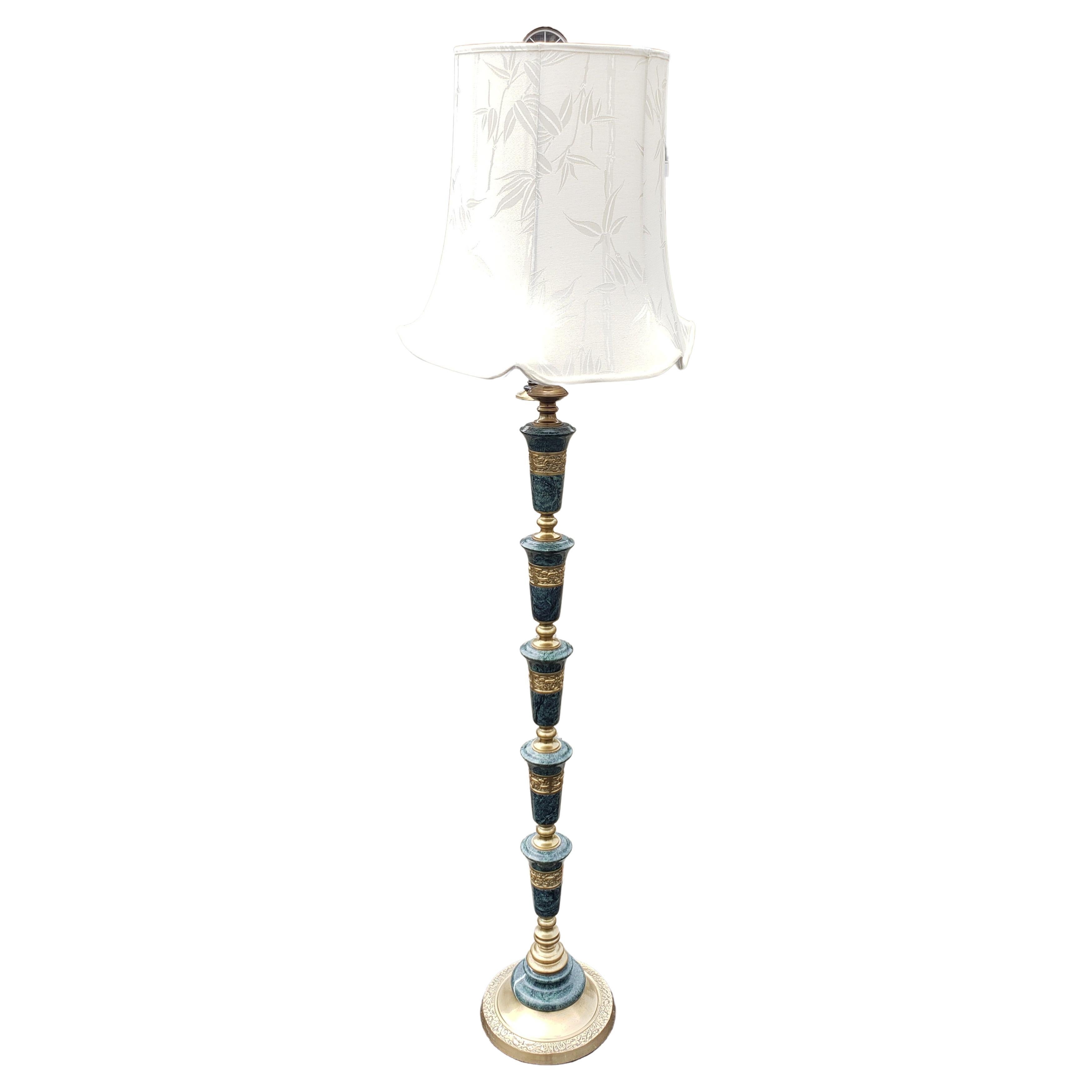 Mid-century Frederick Cooper Asian Regency marble and brass floor lamp. Green marble with a Asian motif throughout the brass. Original harps that is 9.75in height.
Very heavy lamps, about 21lbs.
Measures: 10