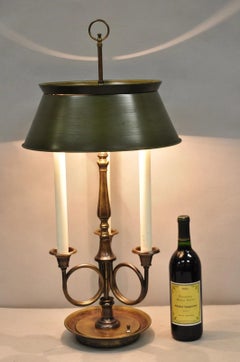 Frederick Cooper Brass Bouillotte Trumpet Arm Table Lamp w/ Green Tole Shade