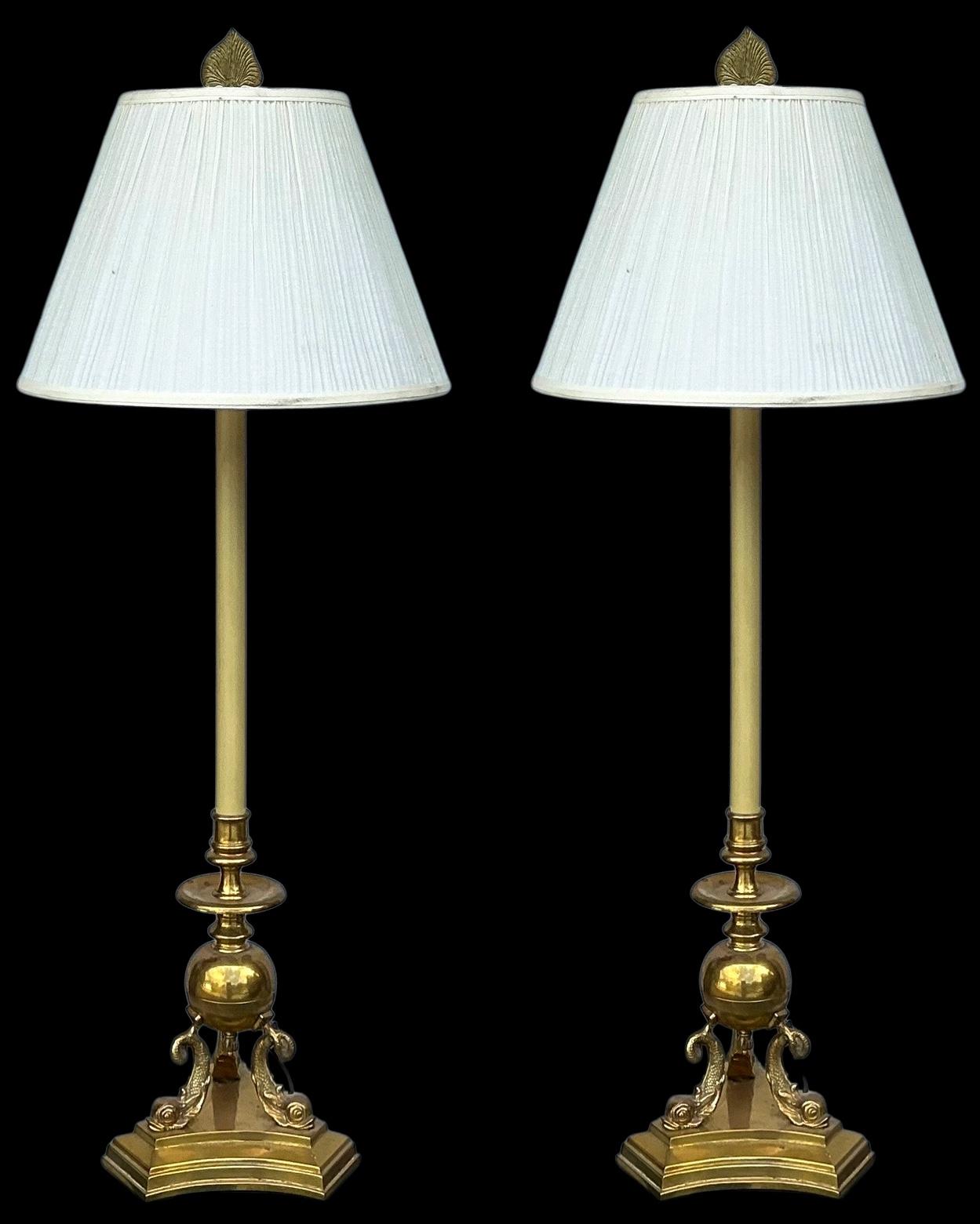 Frederick Cooper Brass Neo-Classical Style Table Lamps W/ Dolphins / Koi - Pair In Good Condition For Sale In Kennesaw, GA