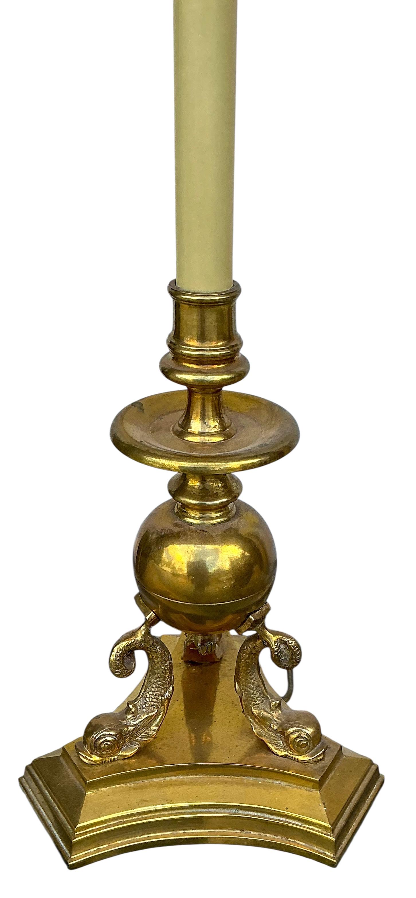 20th Century Frederick Cooper Brass Neo-Classical Style Table Lamps W/ Dolphins / Koi - Pair For Sale