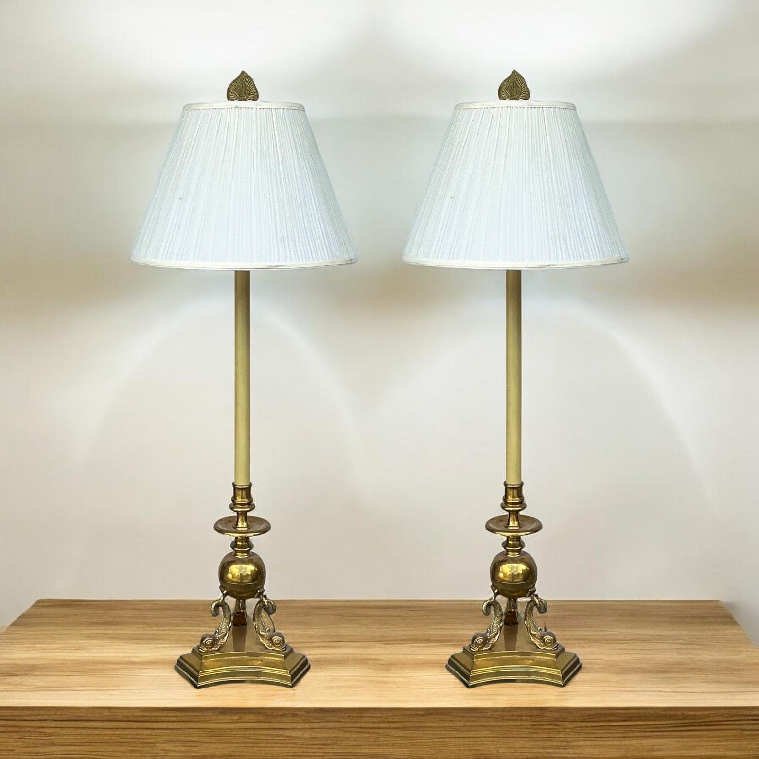 Frederick Cooper Brass Neo-Classical Style Table Lamps W/ Dolphins / Koi - Pair For Sale 1