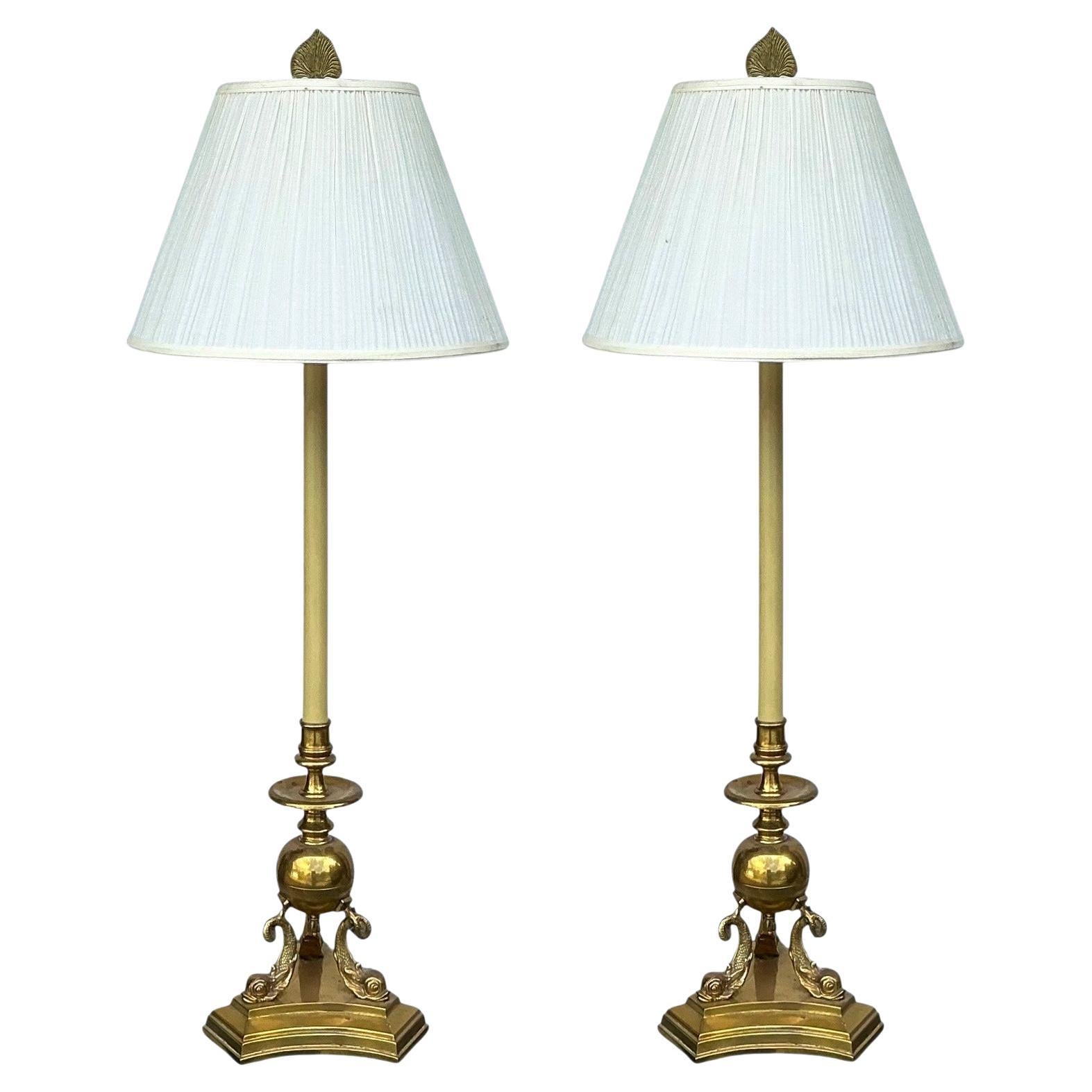 Frederick Cooper Brass Neo-Classical Style Table Lamps W/ Dolphins / Koi - Pair