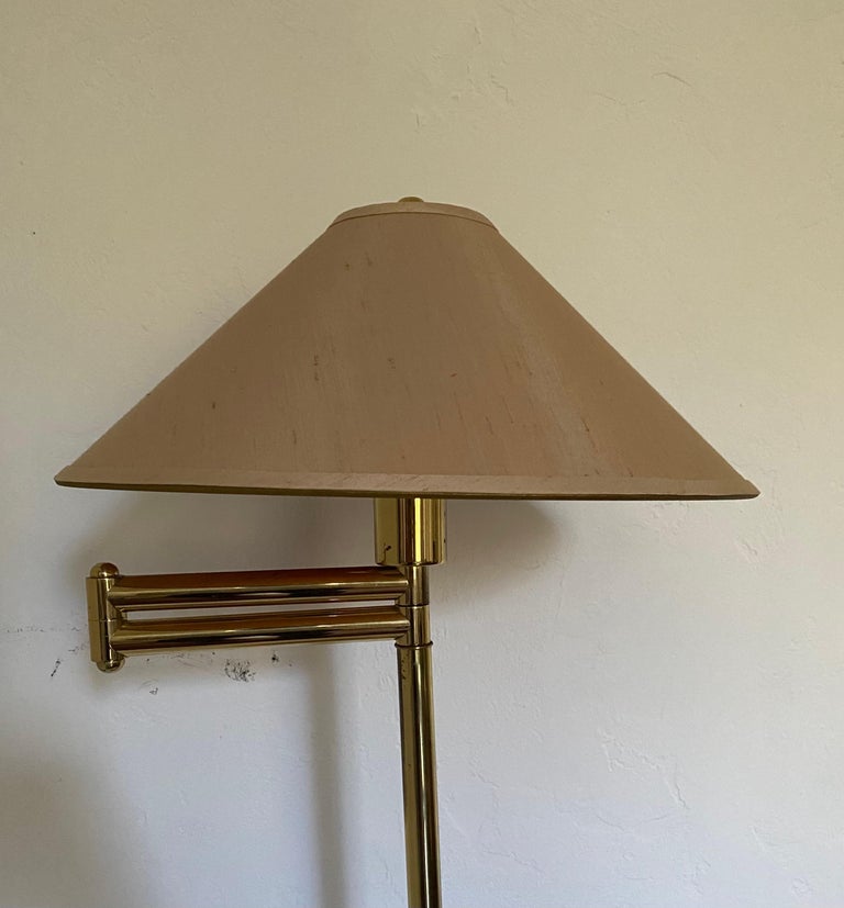 American Frederick Cooper Brass Swing Arm Floor Lamp & Original Silk Shade For Sale