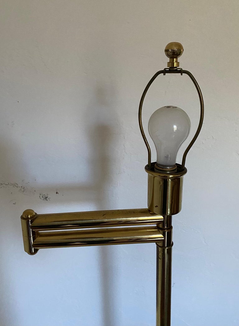 Late 20th Century Frederick Cooper Brass Swing Arm Floor Lamp & Original Silk Shade For Sale
