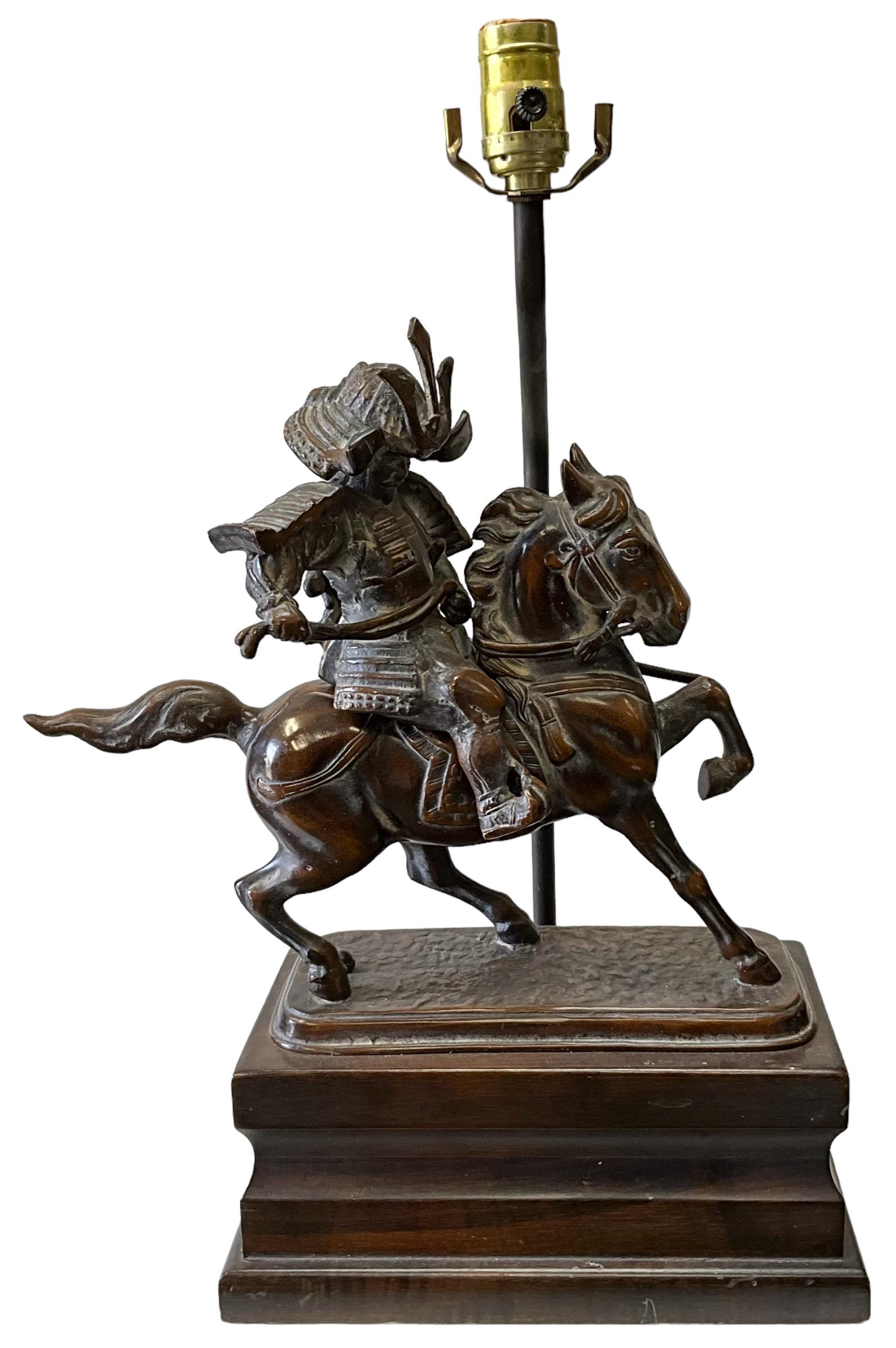 American Frederick Cooper Bronze Chinese Warrior & Horse Table Lamp For Sale