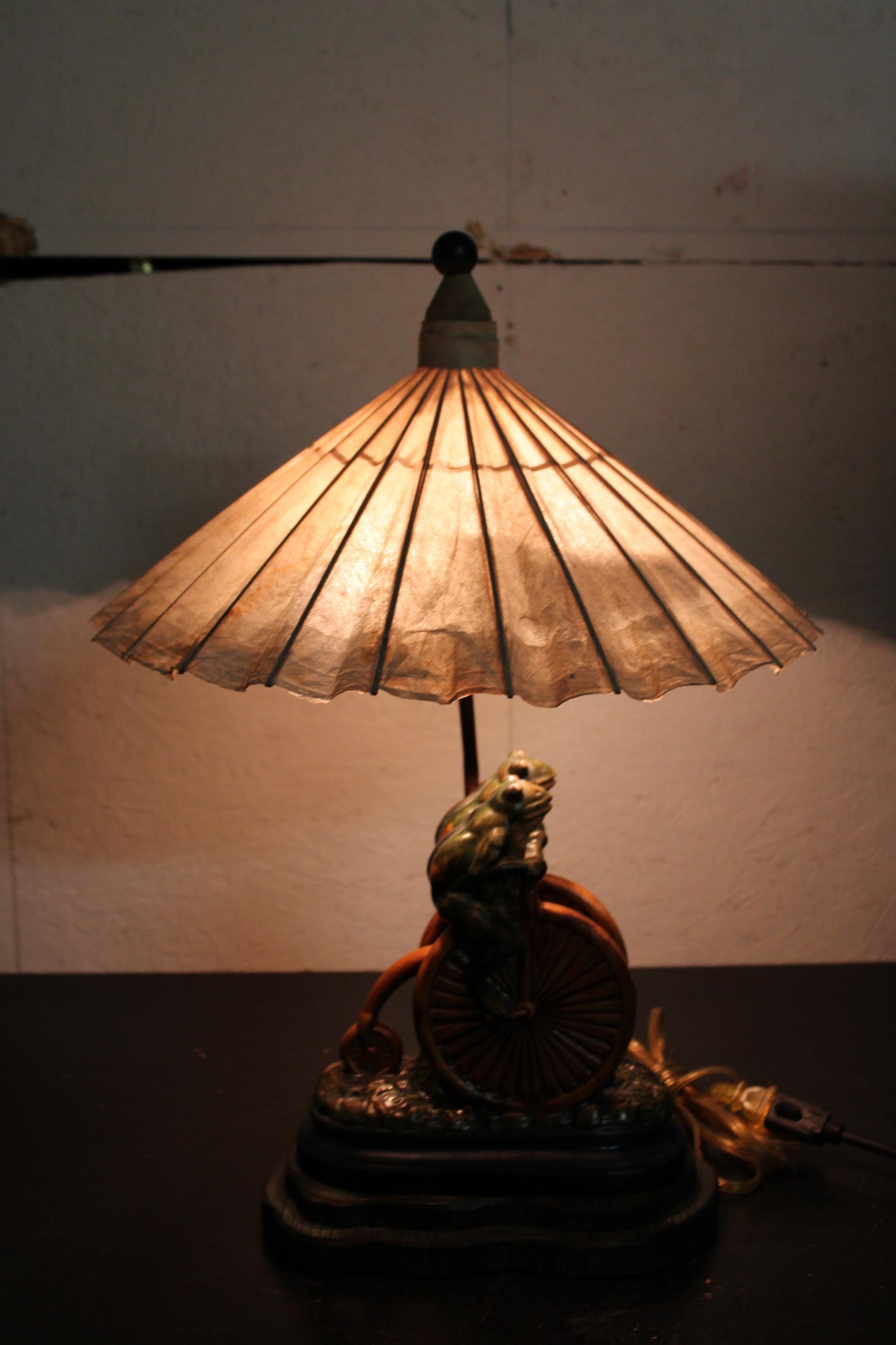 Frederick Cooper Ceramic Frogs on Penny Farthing Bicycle Parasol Shade Lamp 2
