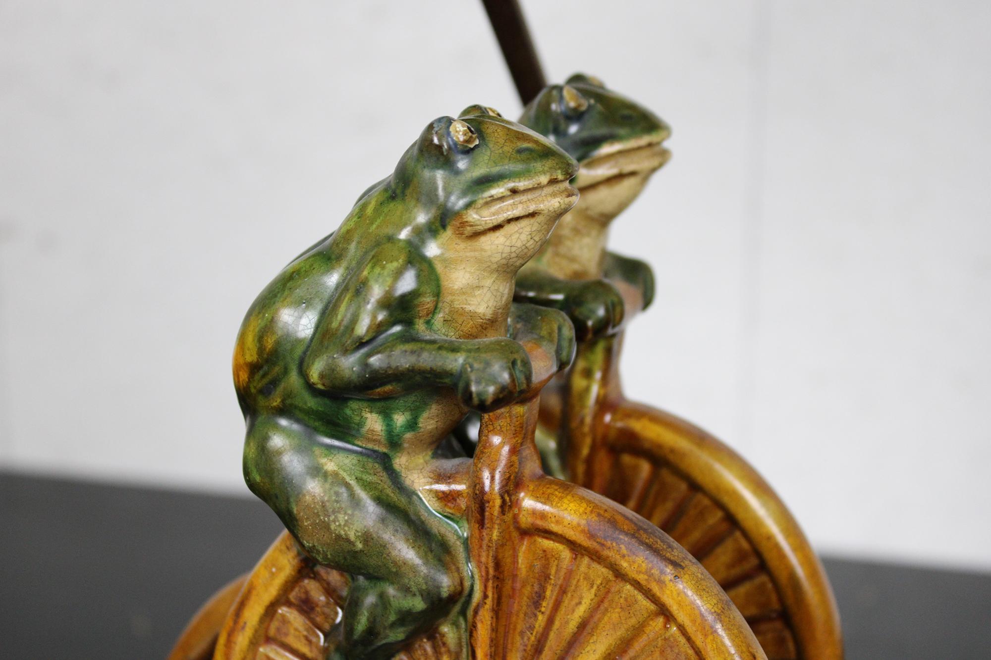 20th Century Frederick Cooper Ceramic Frogs on Penny Farthing Bicycle Parasol Shade Lamp