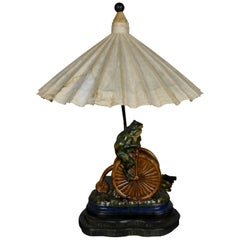 Retro Frederick Cooper Ceramic Frogs on Penny Farthing Bicycle Parasol Shade Lamp