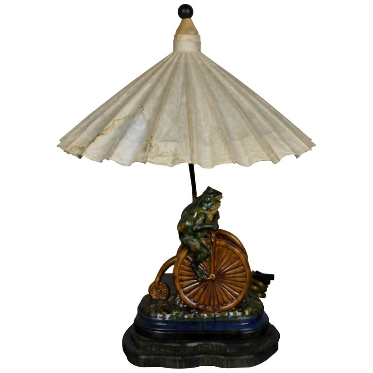 Frederick Cooper Ceramic Frogs on Penny Farthing Bicycle Parasol Shade Lamp  at 1stDibs