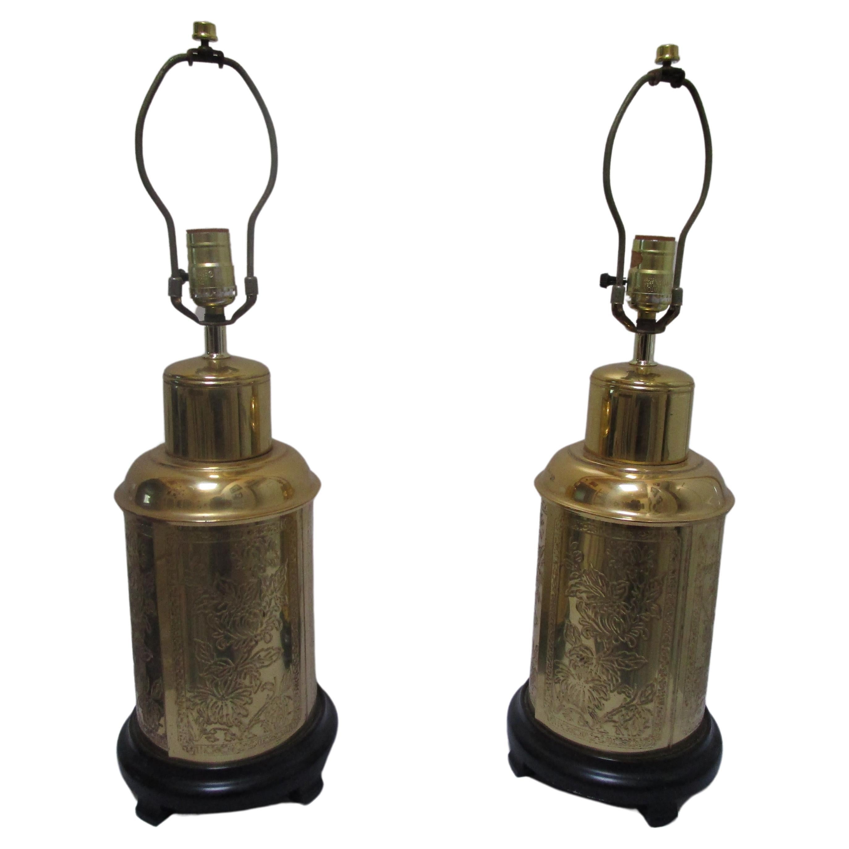 Pair of Frederick Cooper Chinoiserie Etched Brass Vintage Tea Caddy Table Lamps