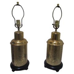 Pair of Frederick Cooper Chinoiserie Etched Brass Antique Tea Caddy Table Lamps