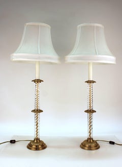 Frederick Cooper Column Lamps in Crystal and Brass with Shades