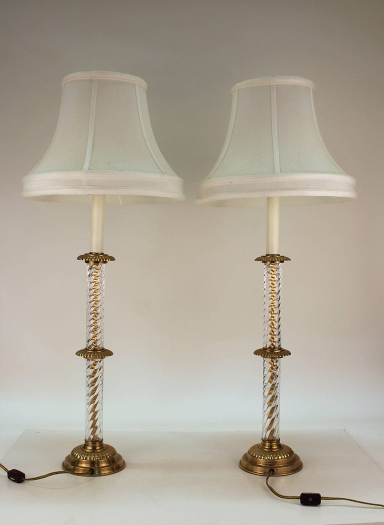 Frederick Cooper Column Lamps in Crystal and Brass with Shades at 1stDibs